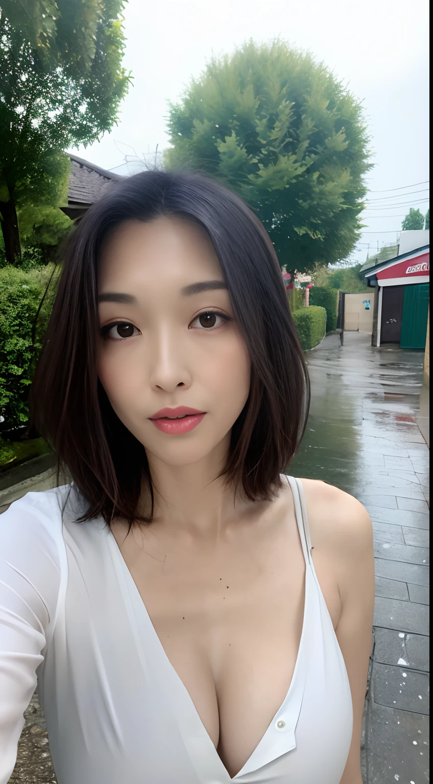 ((Best quality, 8k, Masterpiece: 1.3)), Sharp focus: 1.2, A beautiful woman with perfect body: 1.4, Slim abdomen: 1.2, ((Layered haircut, Large breasts: 1.2)), (no bra) (Small and beautiful hard nipple) (Thin and damp button up to shirt length: 1.1), (White shirt wet by rain), (Rain, Street: 1.2), Wet body: 1.1, Highly detailed face and skin texture, Detailed eyes, Double eyelid, tanned skin, sexy, tan, dark skin, tanned body, exposed shoulders, cleavage