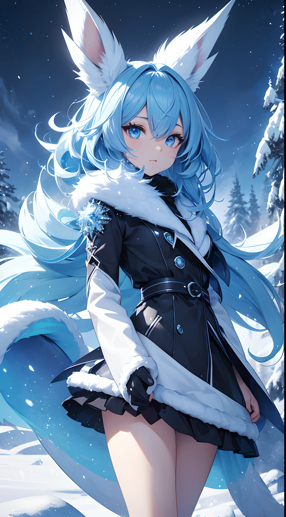 masterpiece, best quality, HD, ultra-detailed, vivid colors, Pokemon Glaceon, furry, humanoid, anthropomorphic, on 2 legs, beautiful detailed eyes, frozen environment, icy blue color palette, ((crystal-like skin with fur)), long fluffy tail and ears, beautiful bangs of hair, curly strands of hair, short hair, ice cloth with mantle, fur coat, fur collar, snowflakes floating around, powerful ice powers, subtle light blue lighting, dramatic pose, on a snowy mountain peak, aurora borealis in the sky, magical atmosphere