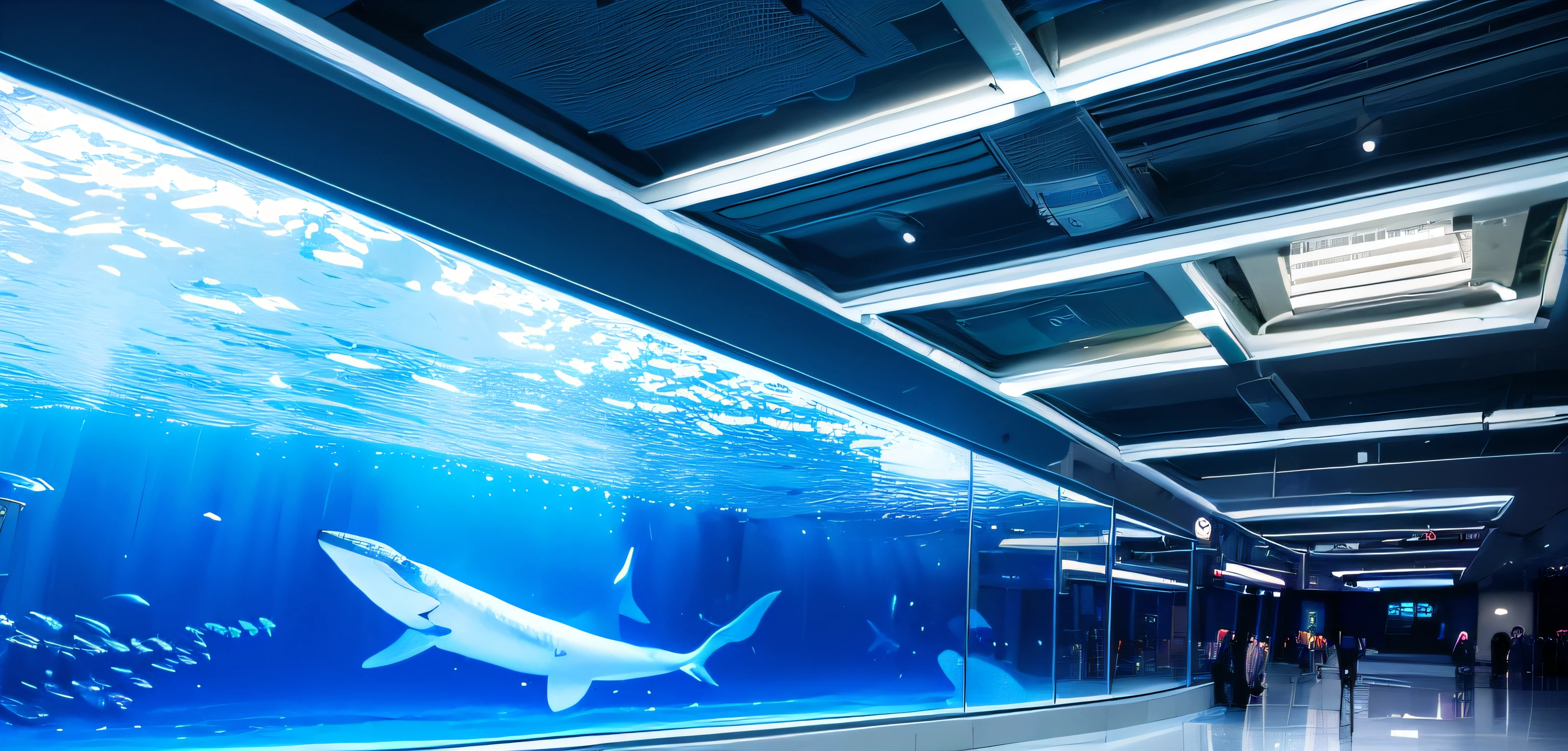 Business halls, Oceanarium ,Glowing fish, (There are huge whales swimming in the ceiling:1.5), Ground projection ,Fashionab, Technologie ,The light is real ,There are blue lights