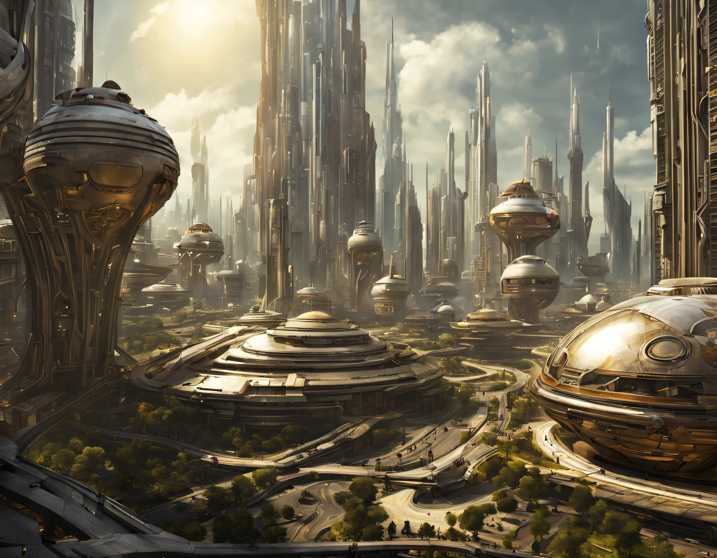 On an unknown planet there is a futuristic city with immense buildings of technological design que forman una infinita avenida, con estructuras acristaladas en plata, oro y bronce espectaculares en la que sobrevive un robot femenino espectacular. con colores vivos. pavimento ensolado. gente paseando. cierto aire a coruscant.