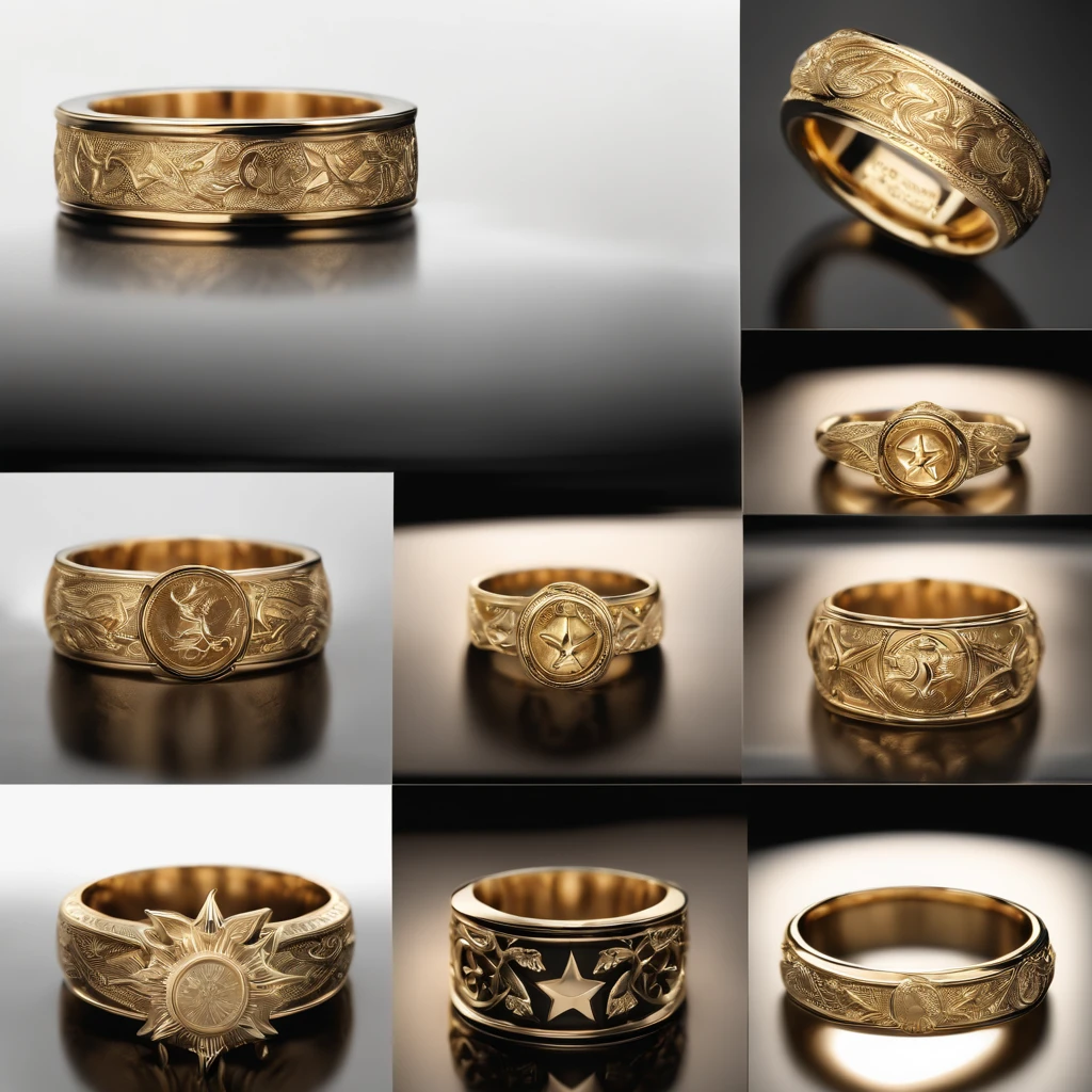 （（Ring design concept art）），Yellow gold ring，（Ring concept blueprint），（（Dragon-shaped ring）），Engraved with a five-pointed star，（exquisite craft），Hemming，Natural sunlight，Shining Effect