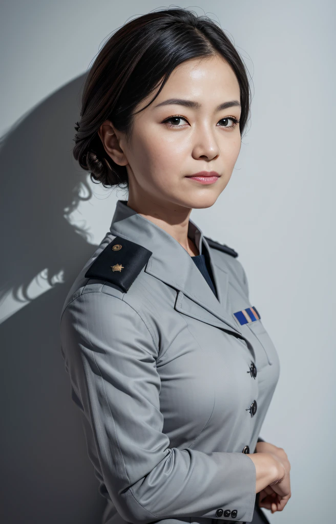 Highest image quality, outstanding details, ultra-high resolution, (realism: 1.4), ((middle shot:0.75)), highly condensed 1lady, with beautiful and a delicate face, (wearing rpolice uniform), background simple grey wall,