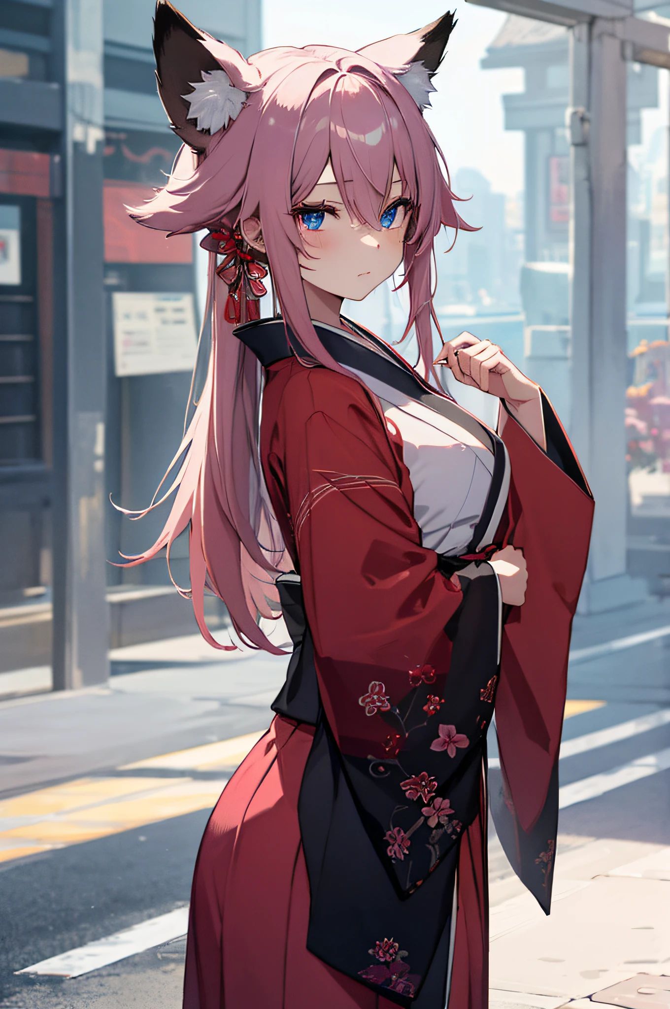 ung girl(pink hair, long hair,fox snout, fox tails, fox ears, beautiful eyes(detailed eyes)), wearing a kimono covering her body, (her a miko)