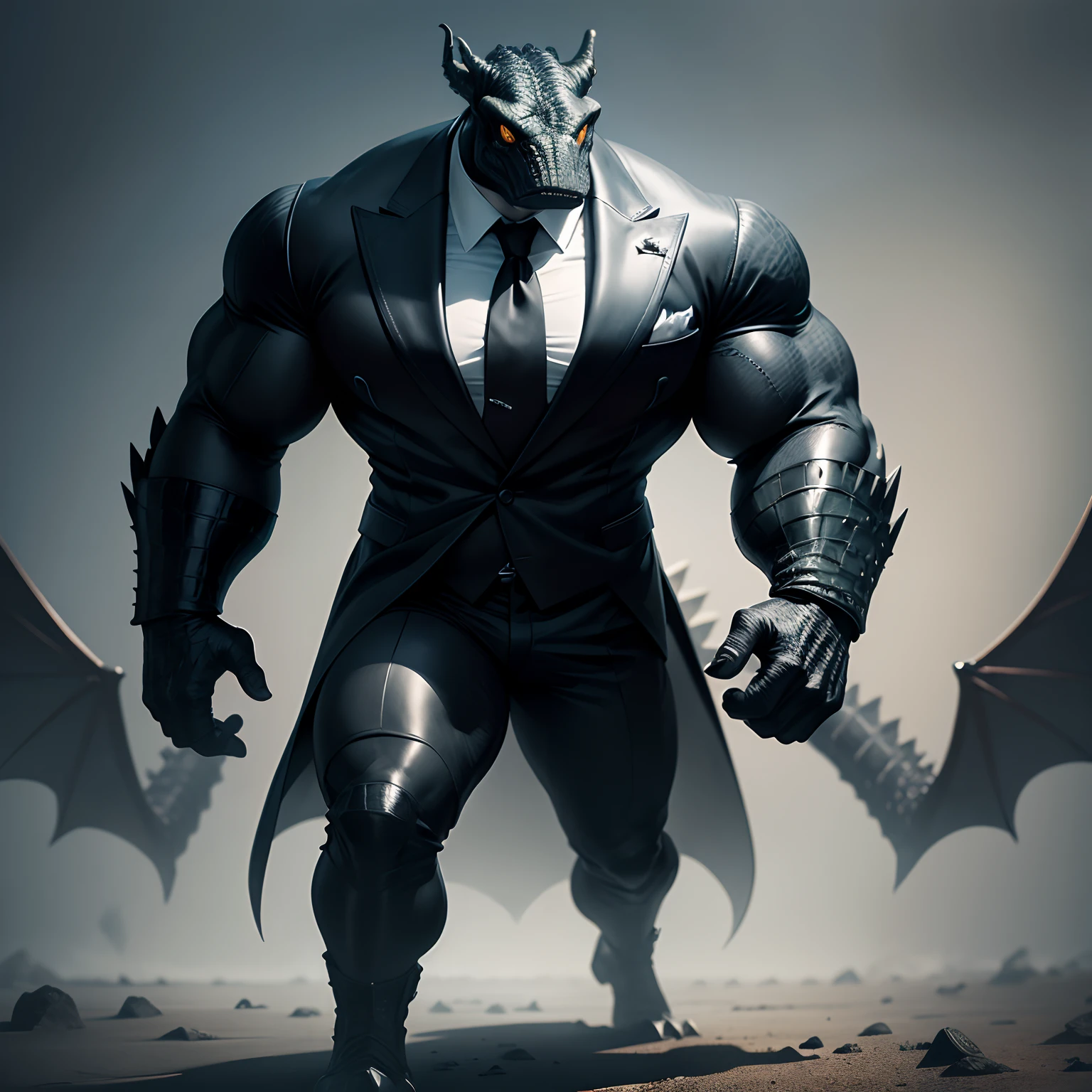 Humanoid crocodile muscled , with a crocodile's head black with a tail with 2 huge arms , in suit with a tie , full body