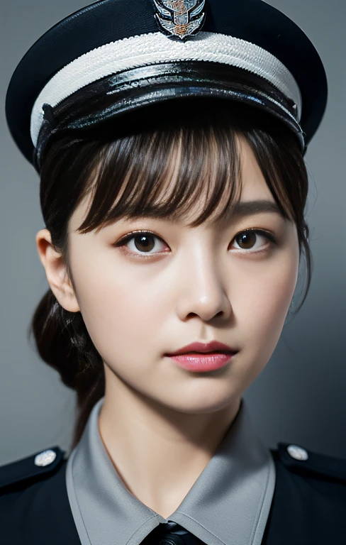 Highest image quality, outstanding details, ultra-high resolution, (realism: 1.4), ((middle shot:0.75)), highly condensed 1lady, with beautiful and a delicate face, (chubby:0.3), (wearing police uniform), background simple grey wall,