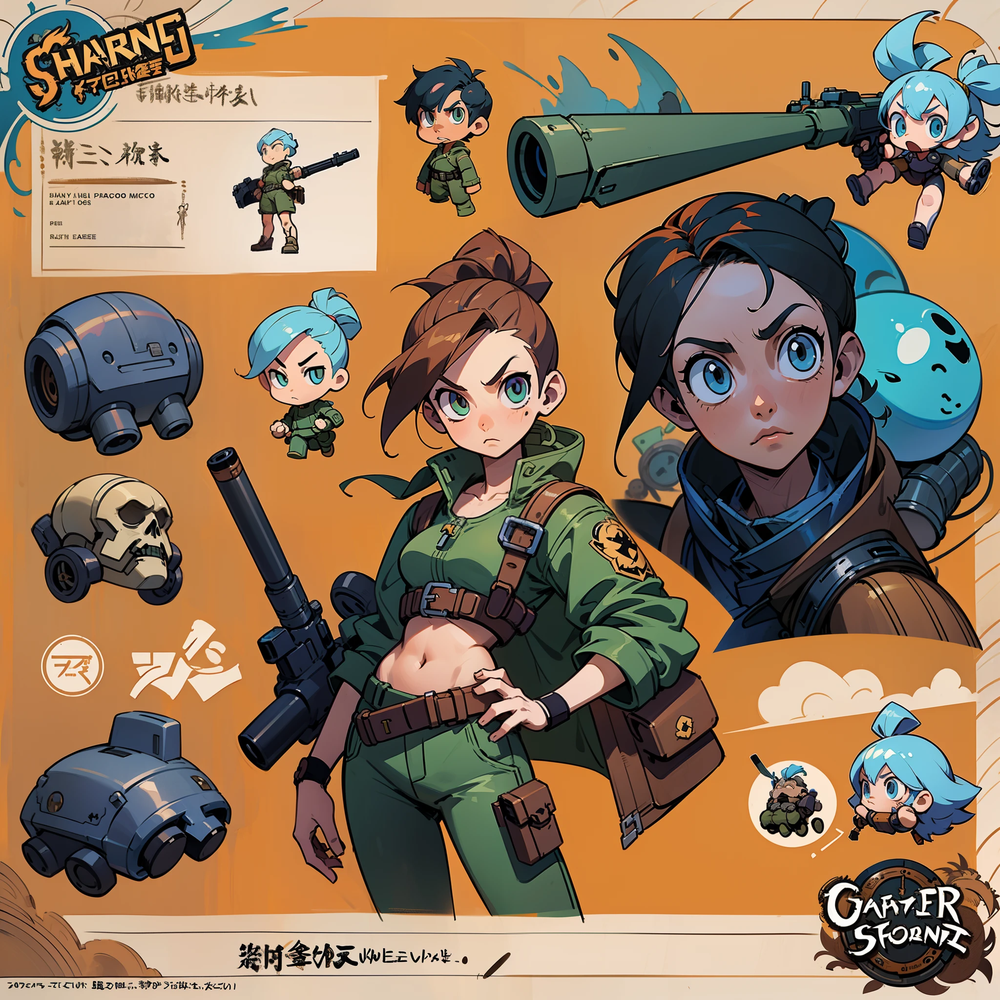 Close-up of a man in a gun suit,((concept art of character)),((CharacterDesignSheet、Same role、frontage、Lateral face、on back))Character art for Maple Story,video game characters designs,video game characters designs,,expert high detail concept art,metal slug concept art,interesting character design,lucio as a woman,gravity rush inspired,Viscous tar。concept-art,Waist belt buckle,steampunk weapon,fully body photo