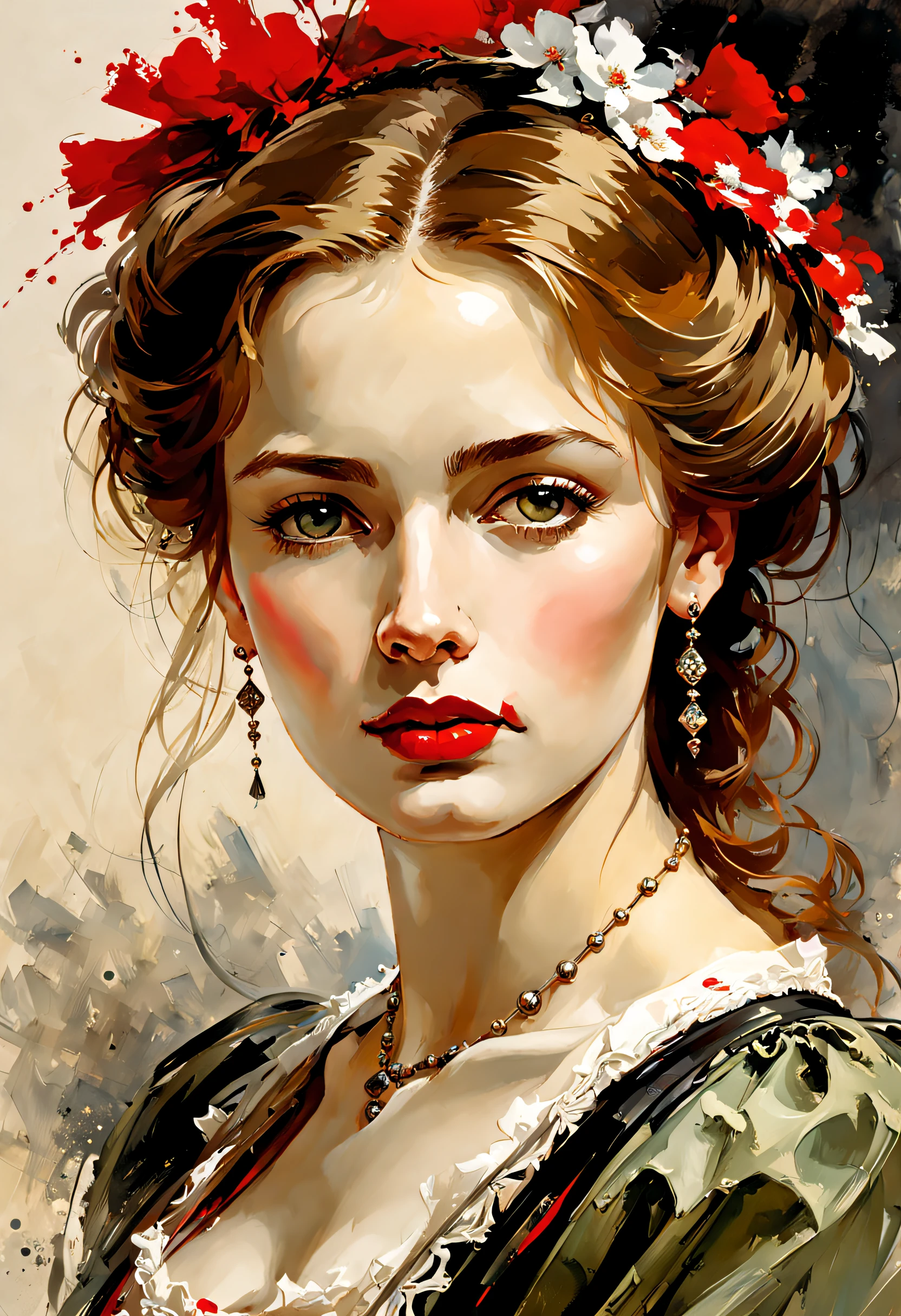 Victorian Hungarian women Women of the 19th century, Hazel hair, Red lips, Nice feature, Wadim Kashin, james gurney, ink, Splash Art", Amazing beauty , Royo, after sexing, Super detailed splash art modern European ink painting