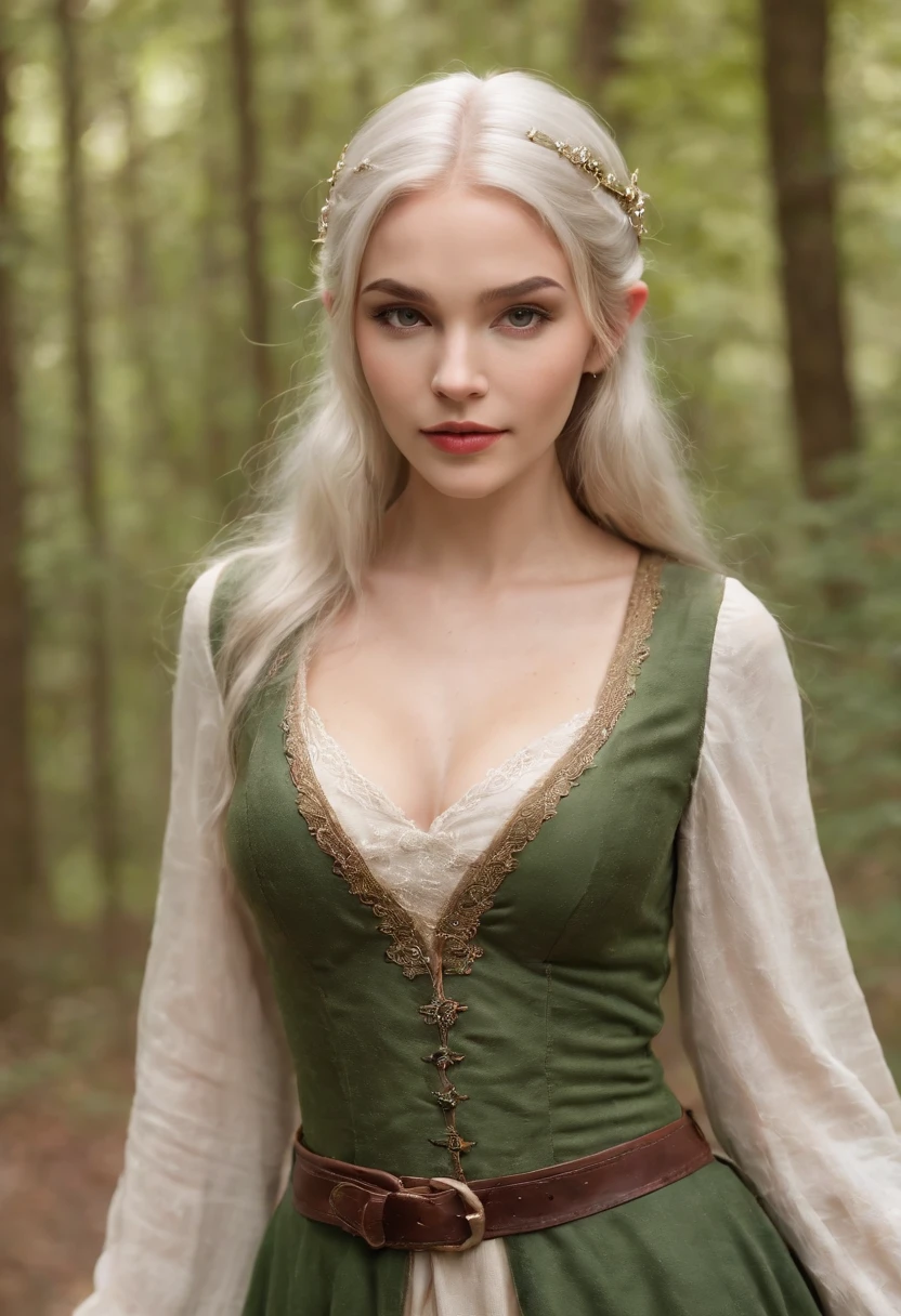 body shot, fair complexion, gorgeous voluptuous elven girl around , curvaceous body, cleavage, thin waist, thick large hips, walking in the forest, natural white hair, distinctive green eyes, wearing kohl, slender and graceful, wearing high heels, short skirt, beautiful, candlelight in a medieval setting, ultra sharp focus, realistic shot, medieval female clothes, tetradic colors (scar:1.4)