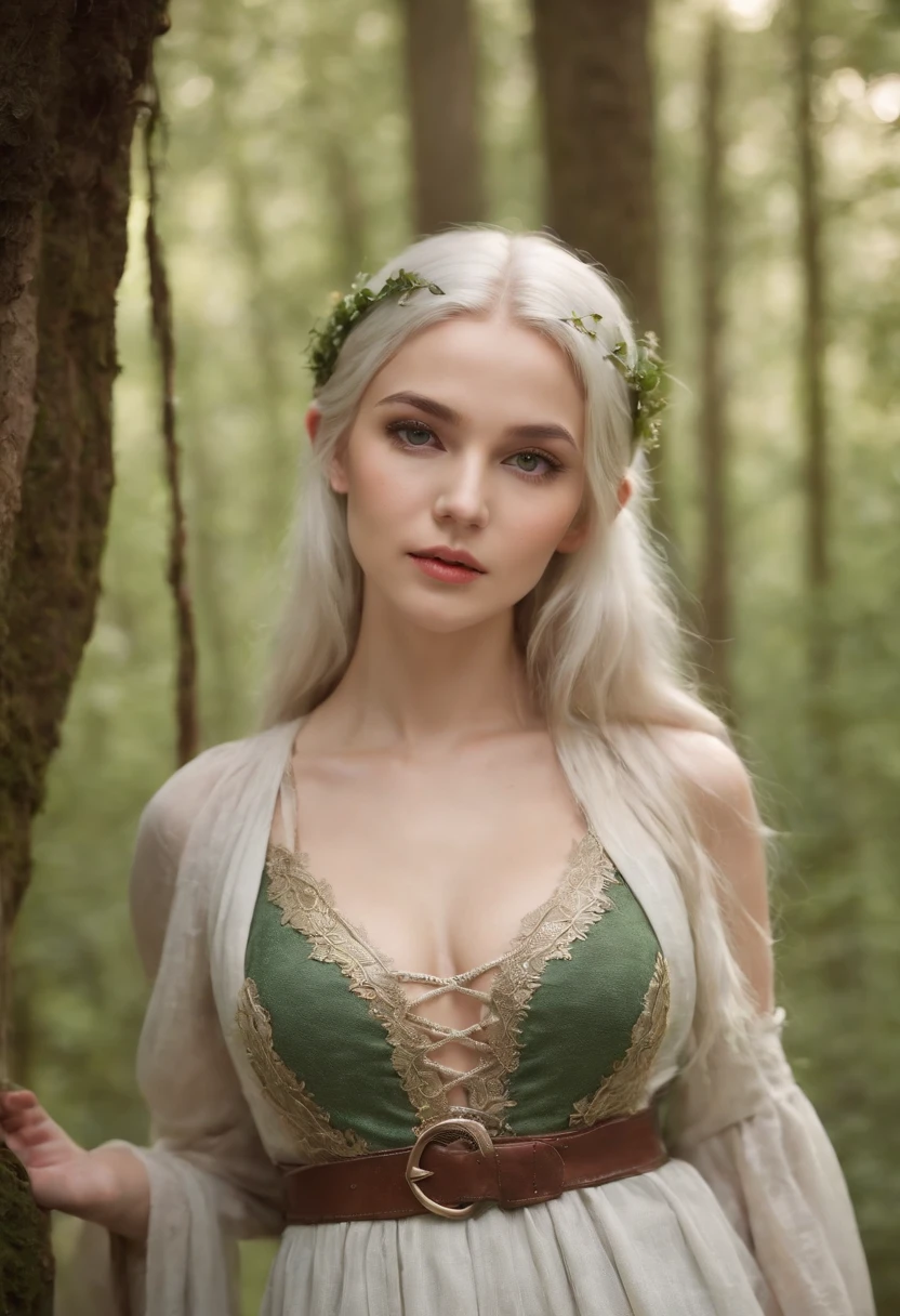 body shot, fair complexion, gorgeous voluptuous elven girl around , curvaceous body, cleavage, thin waist, thick large hips, walking in the forest, natural white hair, distinctive green eyes, wearing kohl, slender and graceful, wearing high heels, short skirt, beautiful, candlelight in a medieval setting, ultra sharp focus, realistic shot, medieval female clothes, tetradic colors (scar:1.4)