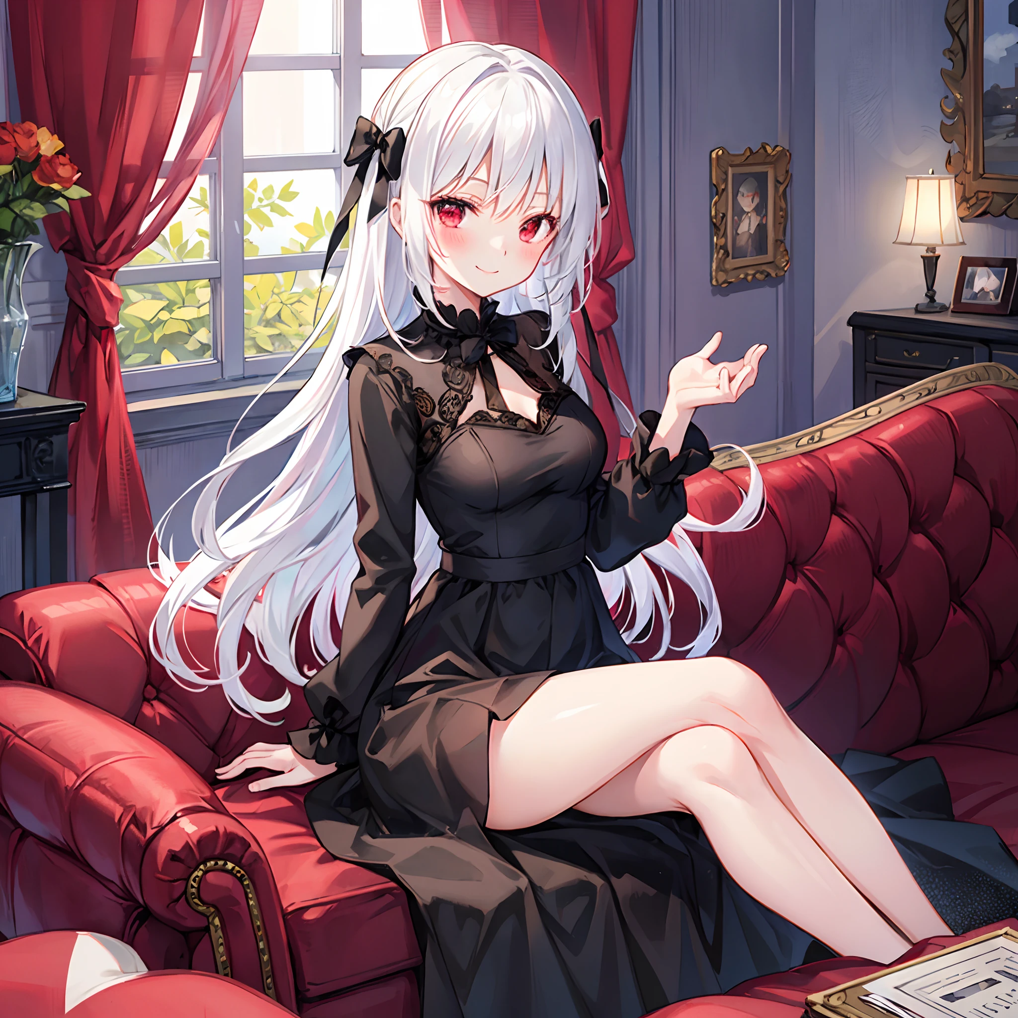 best quality,Amazing,beautiful detailed eyes,(an extremely delicate and beautiful girl),finely detail,Depth of field,(full body),white streaked  hair,red eyes,five fingers,five toes,cold faces,
