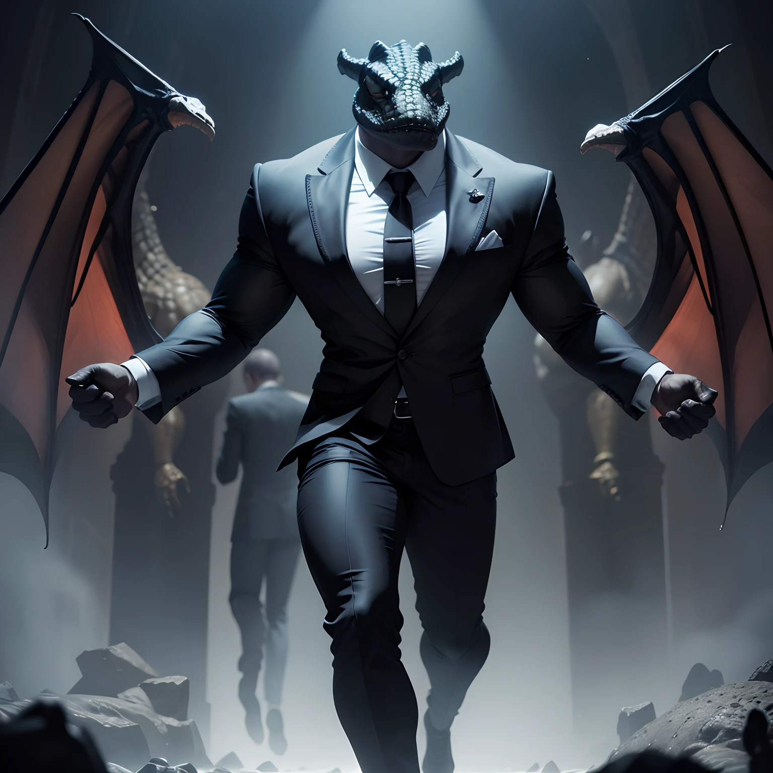 Humanoid crocodile muscled , with a crocodile's head black with a tail with 2 huge arms , in suit with a tie , full body