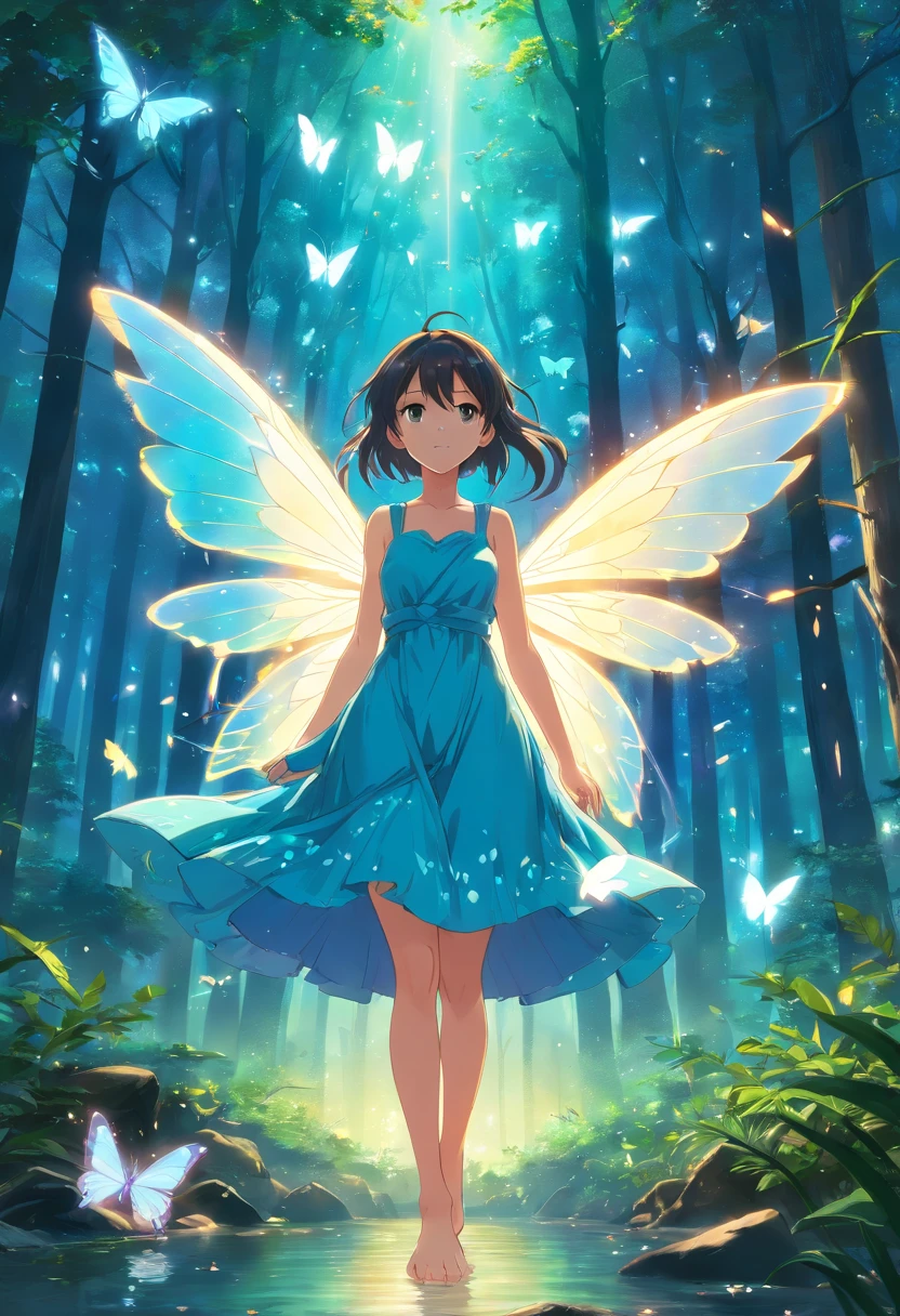 1girll, Nature, forest, Wings, Butterfly, bugs, tree, Solo, Long hair, dress, Light particles, Fairy, Outdoors, scenery, Glowing, water, fantasy, Butterfly wings, Blurry, Barefoot, Fairy wings, Blue dress, Depth of field, glowworm