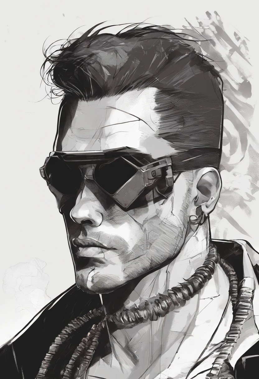 a drawing of a man with sunglasses and a necklace on his neck, tyler durden, cyberpunk street goon, he wears an eyepatch, cyberpunk dude, goggles around his neck, has cyberpunk style, in cyberpunk style, molly from neuromancer, josan gonzales!!!, 90s comic book character design, from the sandman netflix show, portrait of a cyberpunk man
