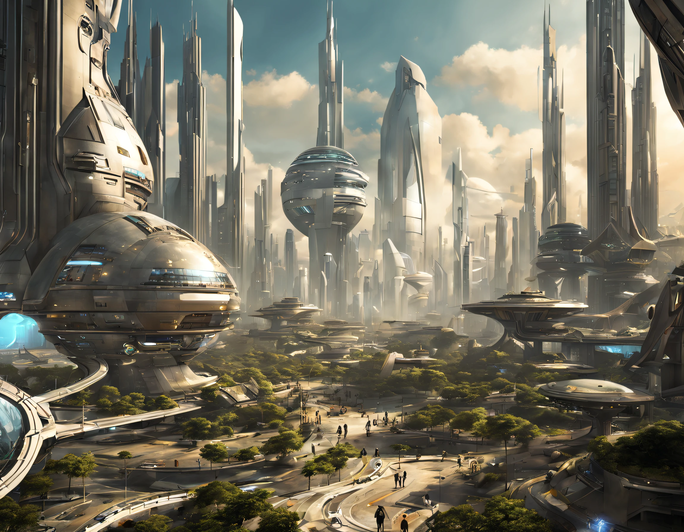 On an unknown planet there is a futuristic city with immense buildings of technological design que forman una infinita avenida, con estructuras acristaladas en plata, oro y bronce espectaculares en la que sobrevive un robot femenino espectacular. con colores vivos. pavimento ensolado. gente paseando. cierto aire a coruscant.