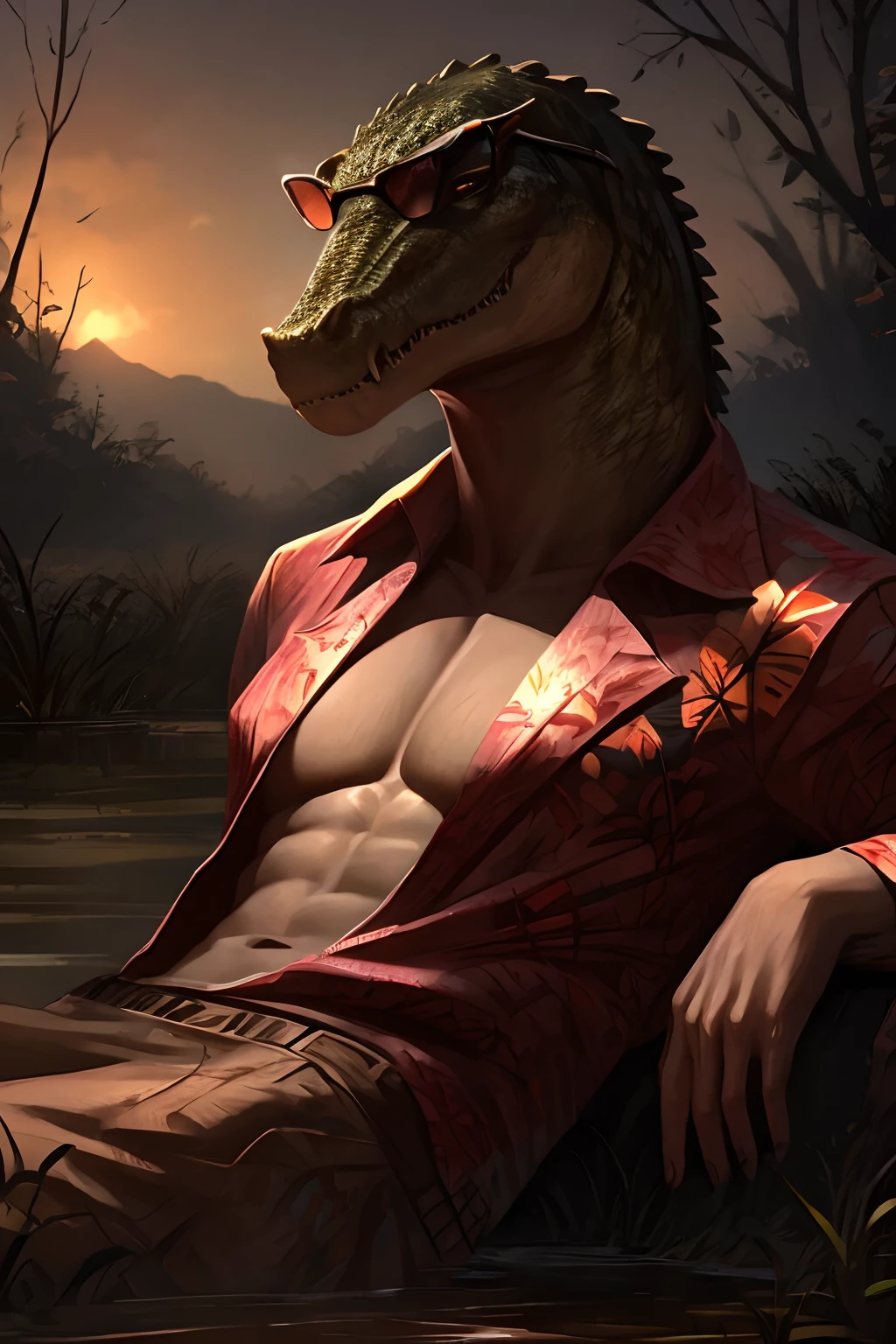 Capture a scene of crocodile dress as a mafia members lounging near a swamp, wearing stylish Hawaiian shirts and sunglasses, looking like laid-back crime bosses, 4k, realistic,