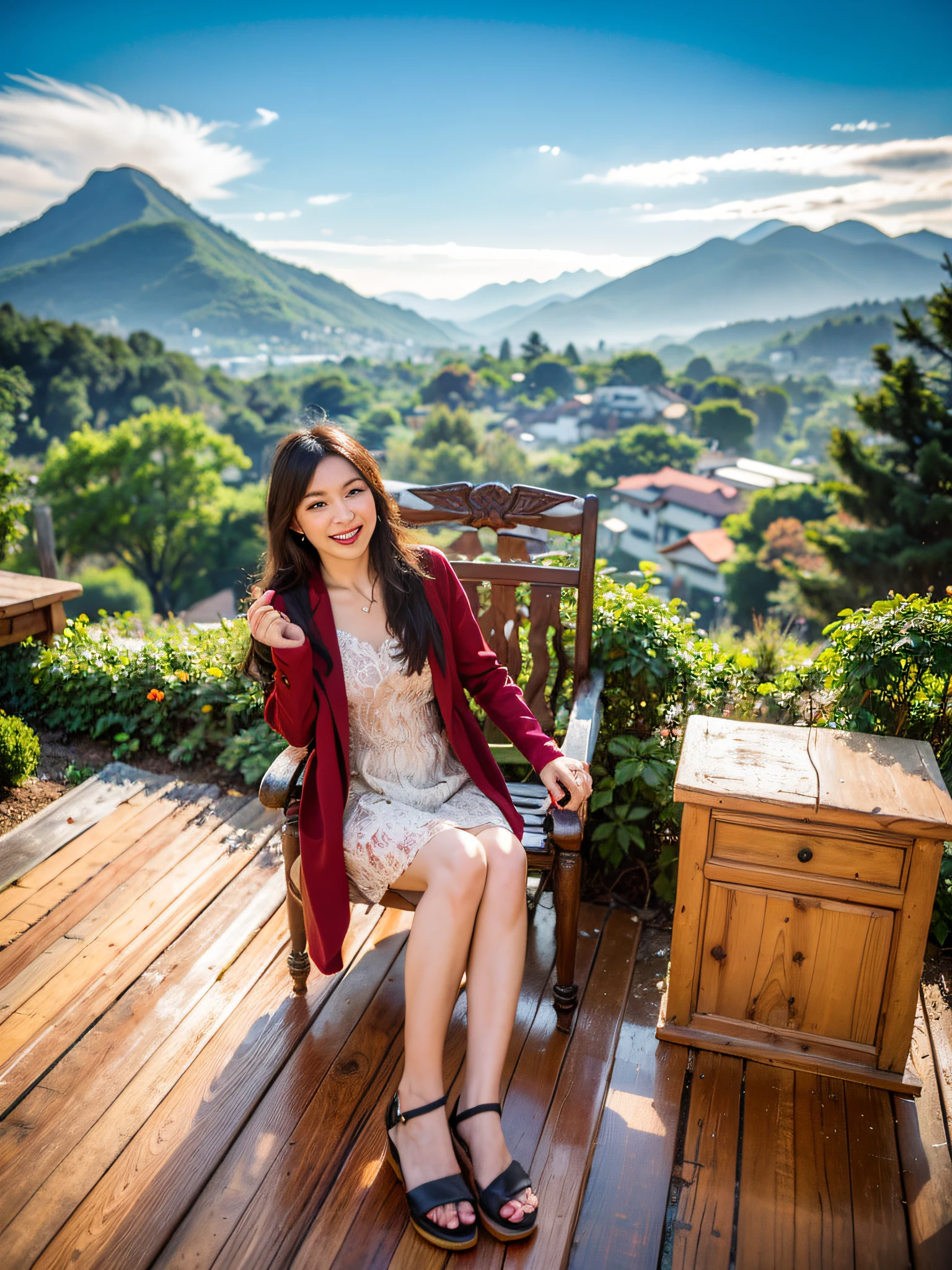 there is a woman sitting on a wooden bench on a deck, sitting cutely on a mountain, with mountains in the background, hoai anh vtv, with mountains in background, like jiufen, at the terrace, with a city in the background, in mountains, paradise in the background, vacation photo, moutain in background, (masterpiece),(high quality), best quality, real,(realistic), super detailed, (full detail),(4k),8k, short skirt, red thin jacket, medium breasts, sexy, smiling, summer