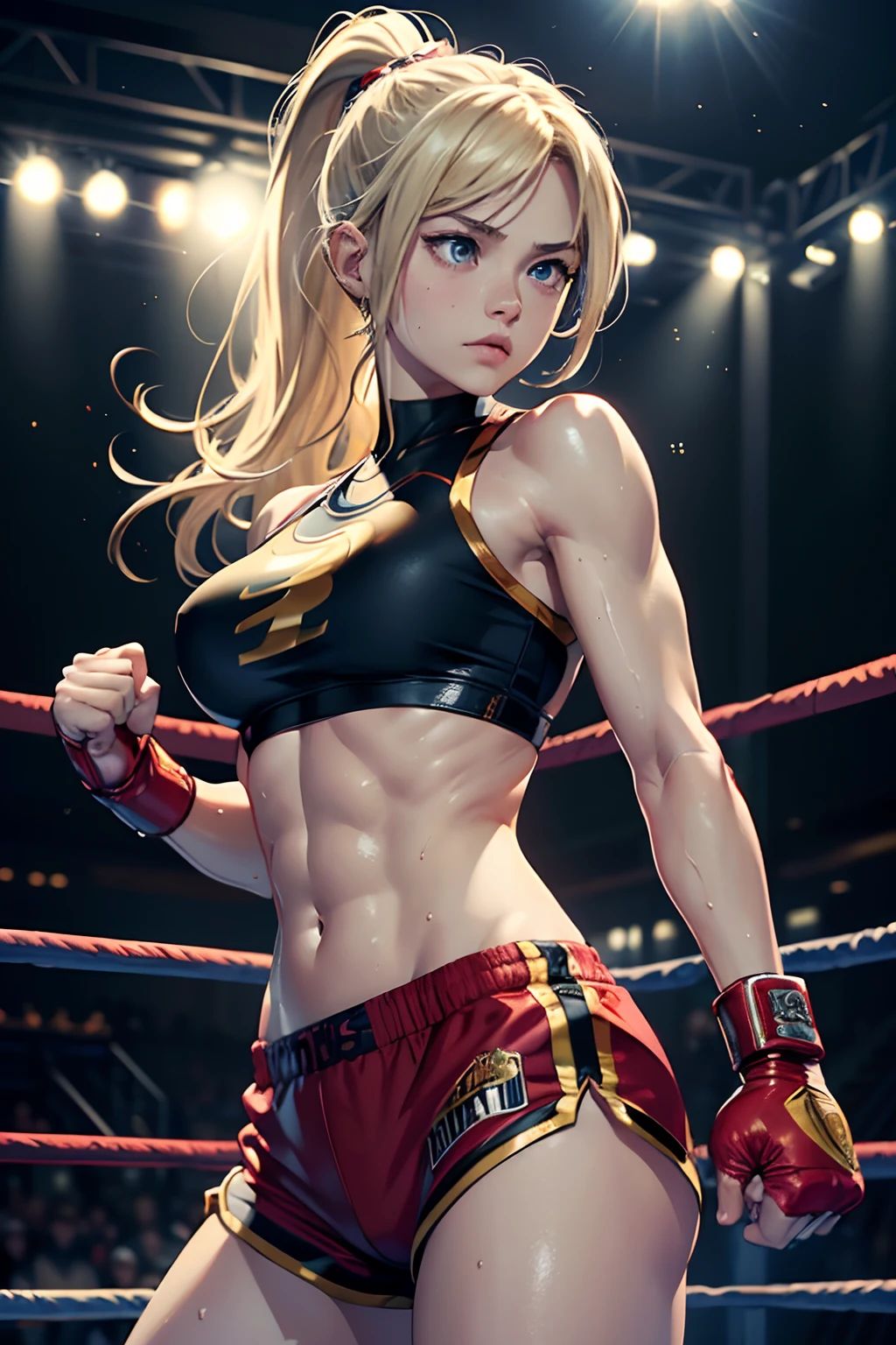 (original) , (very detailed wallpaper) , (best quality) , (masterpiece) , photographic reality, realistic, very detailed illustrations, (1 girl) , beautiful eyes, (delicate face) , perfect detail, (best lighting) , (super complex details) , (Ms Marvel) , (aggressive punching) , sweat, heavy breathing, (oppressive attack) , (boxing ring) , athletic shorts, perfect detail, perfect fingers, perfect limbs, impact, (shiny skin) , abs, muscles, waistline,boxing shorts, fist fight, Blonde hair, high ponytail, very long hair, 4K unified, (super detailed CG: 1.2) , (8K: 1.2) , realistic, octane rendering