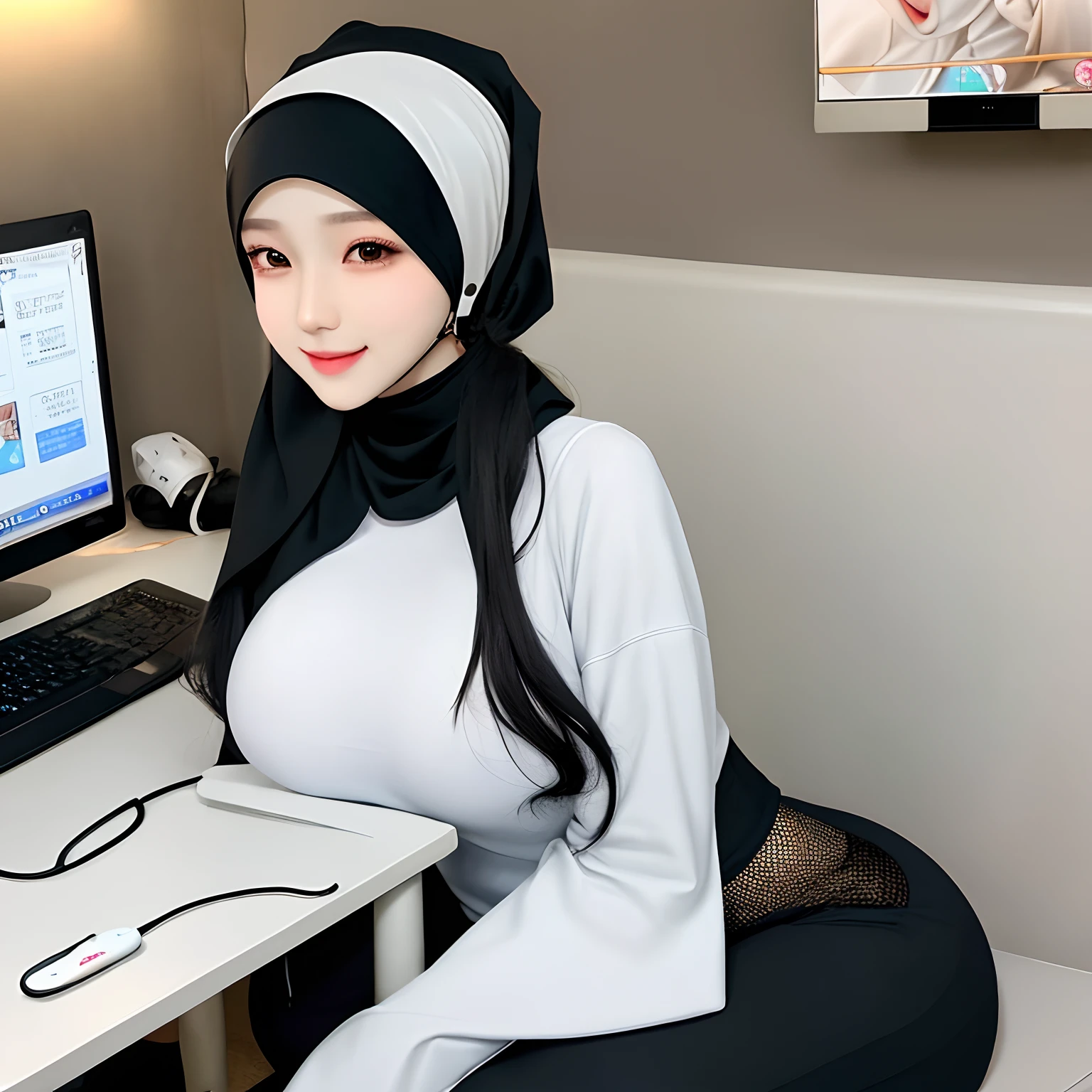 Hijab,realistic,kpop idol,1girl,korean girl,sexy,beautiful,he tall,super big breast,(W cup),happy and gently smiling very detailed face,tight t-shirt,hijab,and long tight pants outfit,in bedrom,table,chair,computer,earphone,handphone,hijab girl is player mobile gameplay,sitting on chair,use earphone in hijab