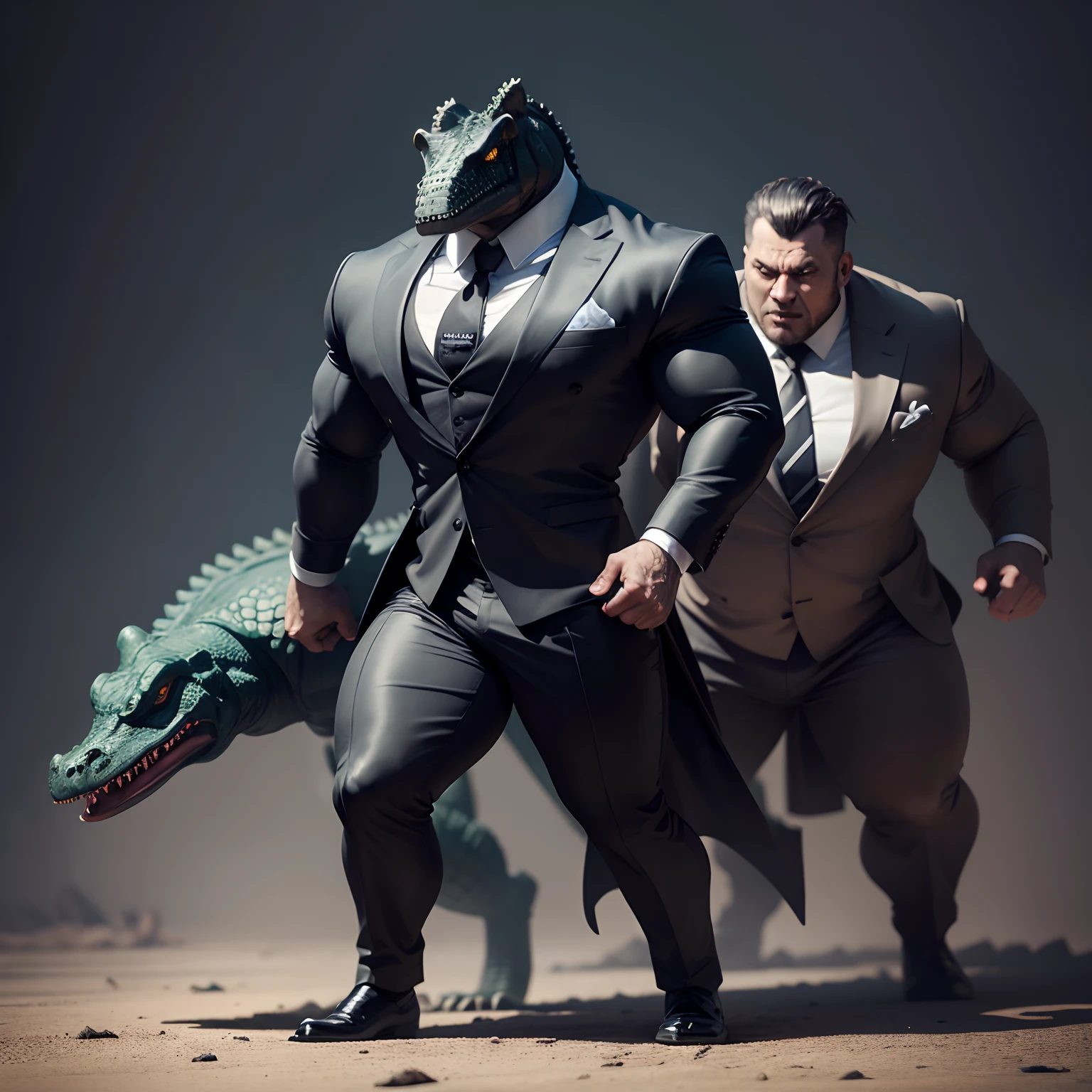 Humanoid  crocodile muscled ,  with a crocodile's head black with  a tail with 2 huge arms ,  in suit with a tie , full body