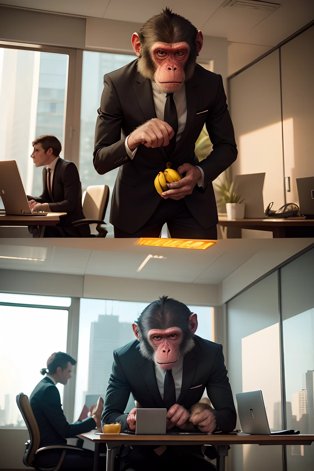 Design an image of a group of monkeys in a high-rise office building, wearing human business attire and working on computers, while one monkey tries to balance a pile of bananas