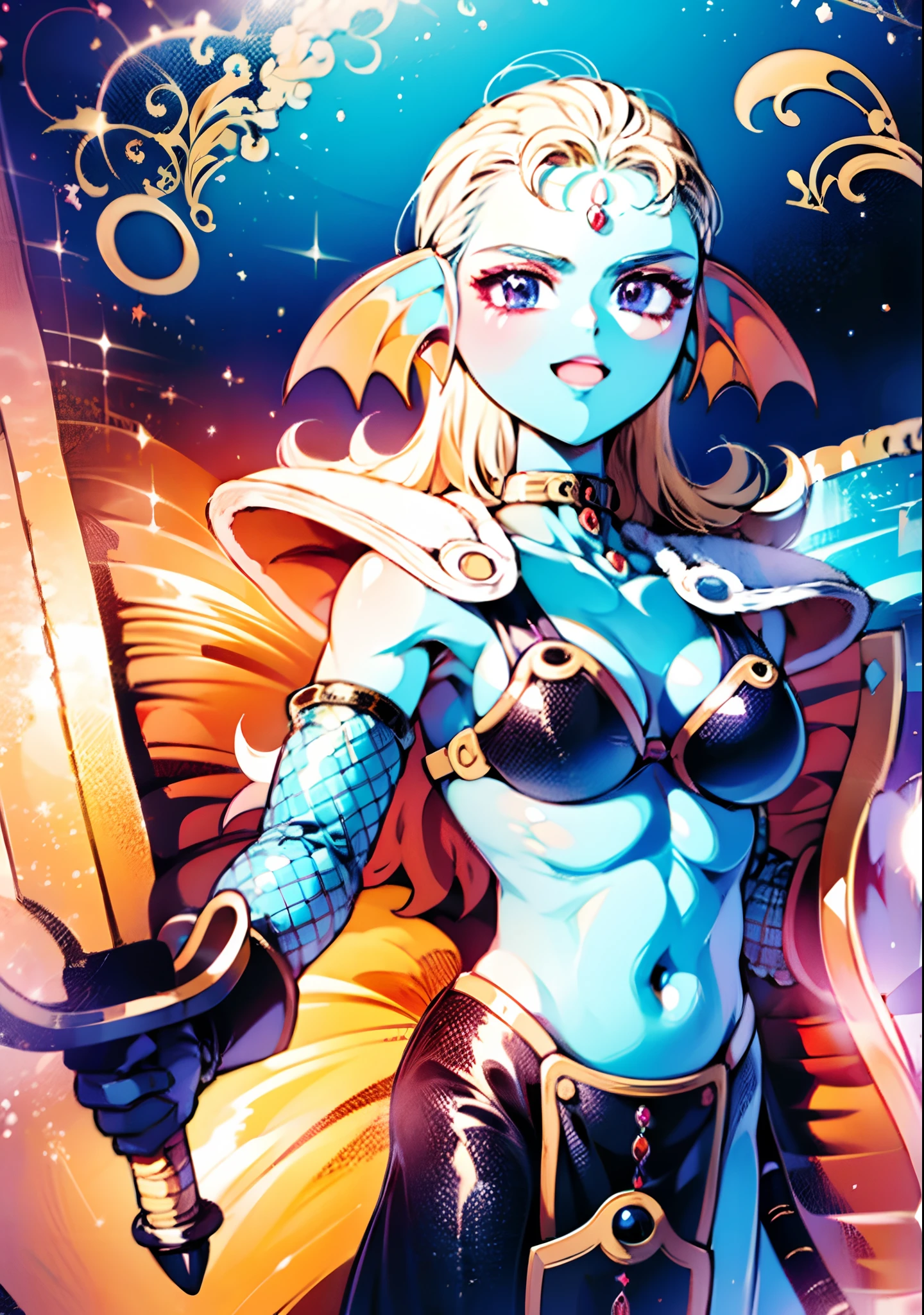 8K,High quality,Anime,married,Beautiful woman,Bright,Eye Highlights,Purple eyes,Sexy,ultra gigantic tits,oversized tits,Dark blue ,Erotic,beautiful line art. Blue skin, Blue and orange gradient fins, Black Bikini Armor, holding swords, Holding Shield, Bejeweled ornaments and bikini armor, Highly revealing outfits, Dark Facial Makeup,Light blue skin of the belly、Paws have light blue skin、