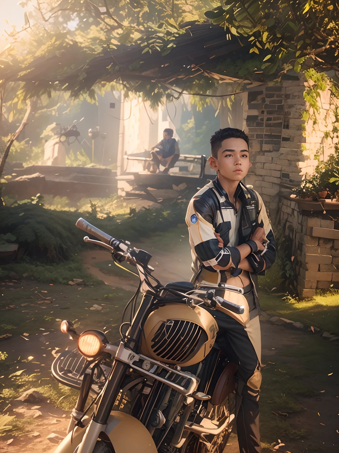 Boy with bulet bike futuristic background realistic face 8k ultra high quality and details