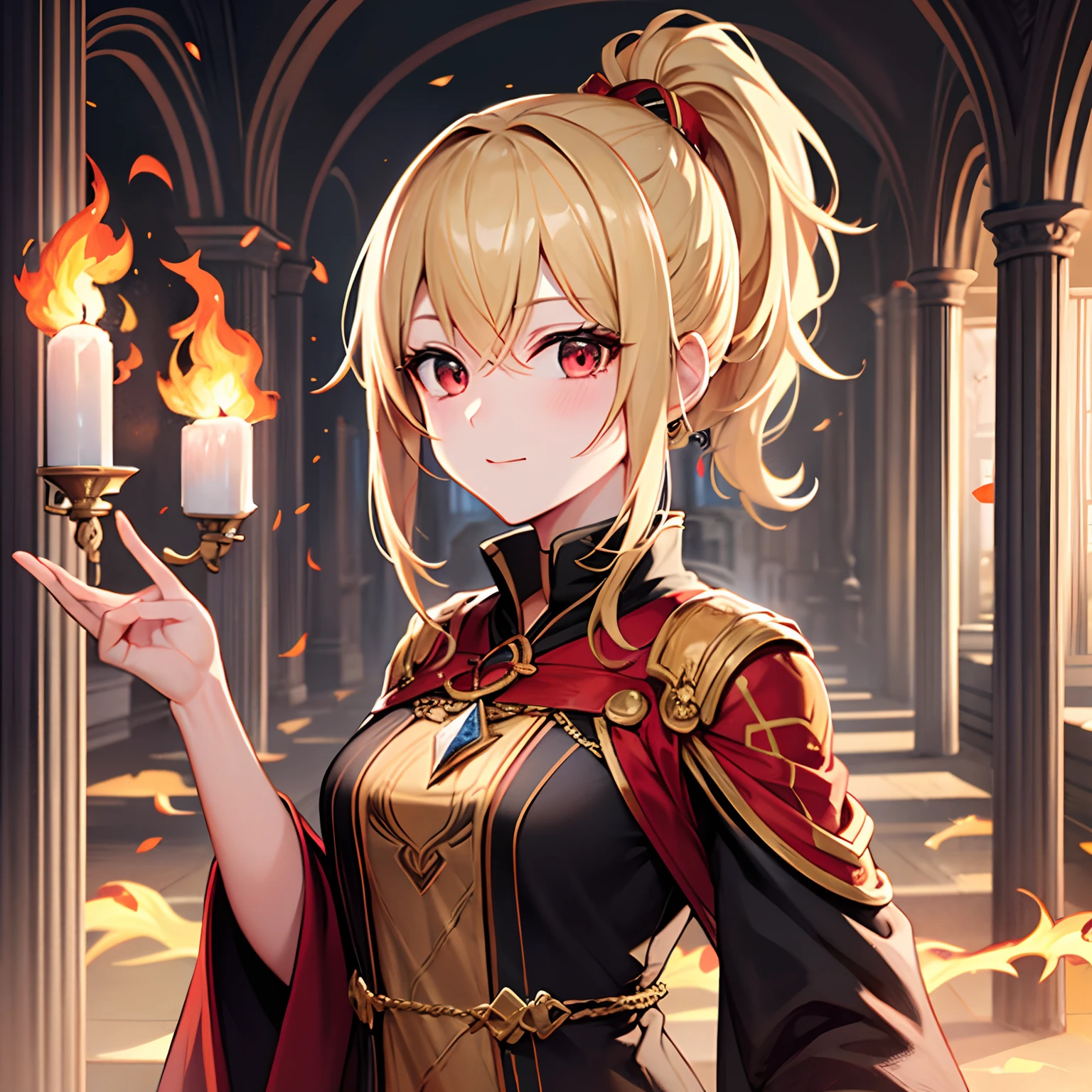 Blonde and red-eyed girl alone, ponytail, flame, pillar, wizard, flame from hand