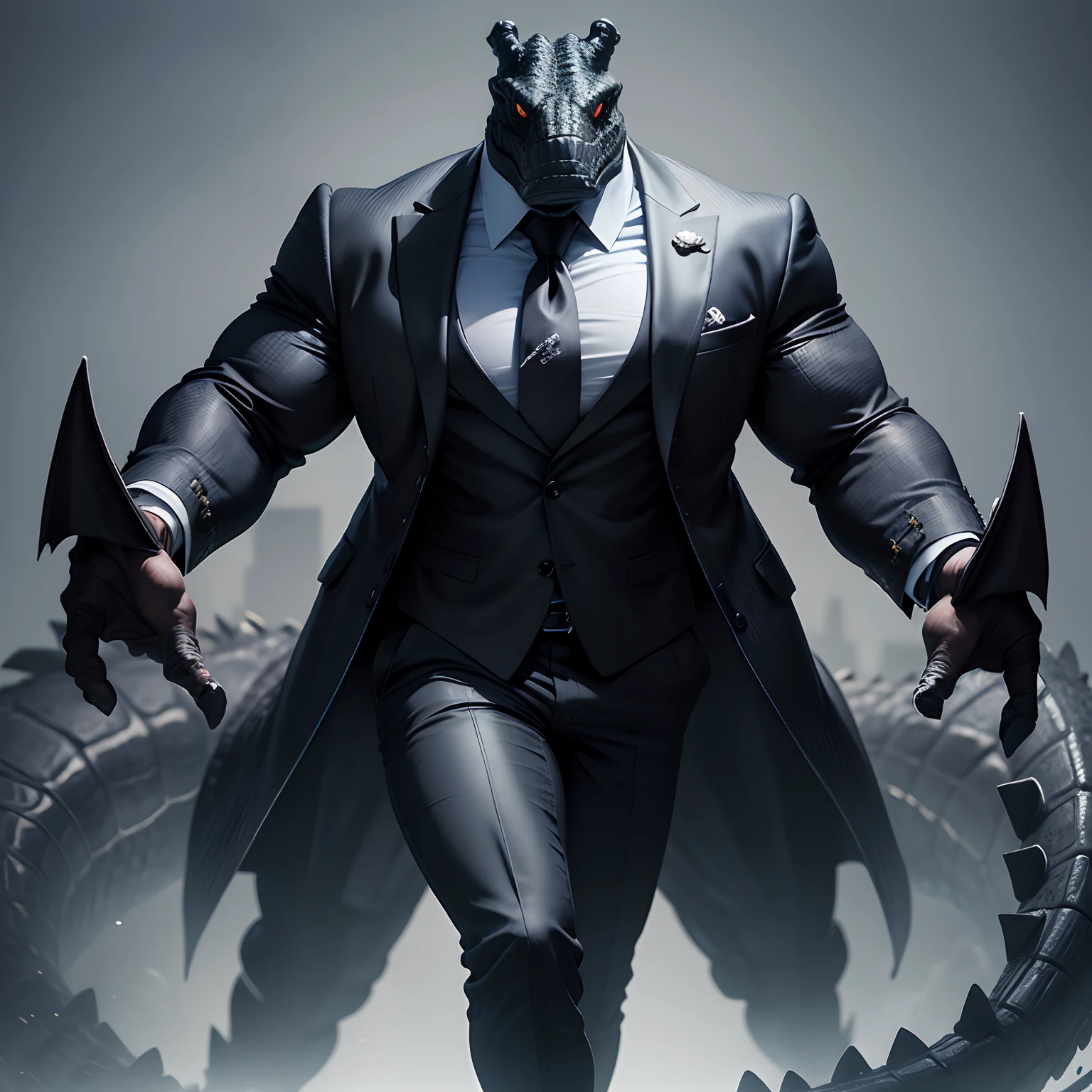 Humanoid crocodile muscled , with a crocodile's head black with a tail with 2 huge arms , in suit with a tie , full body