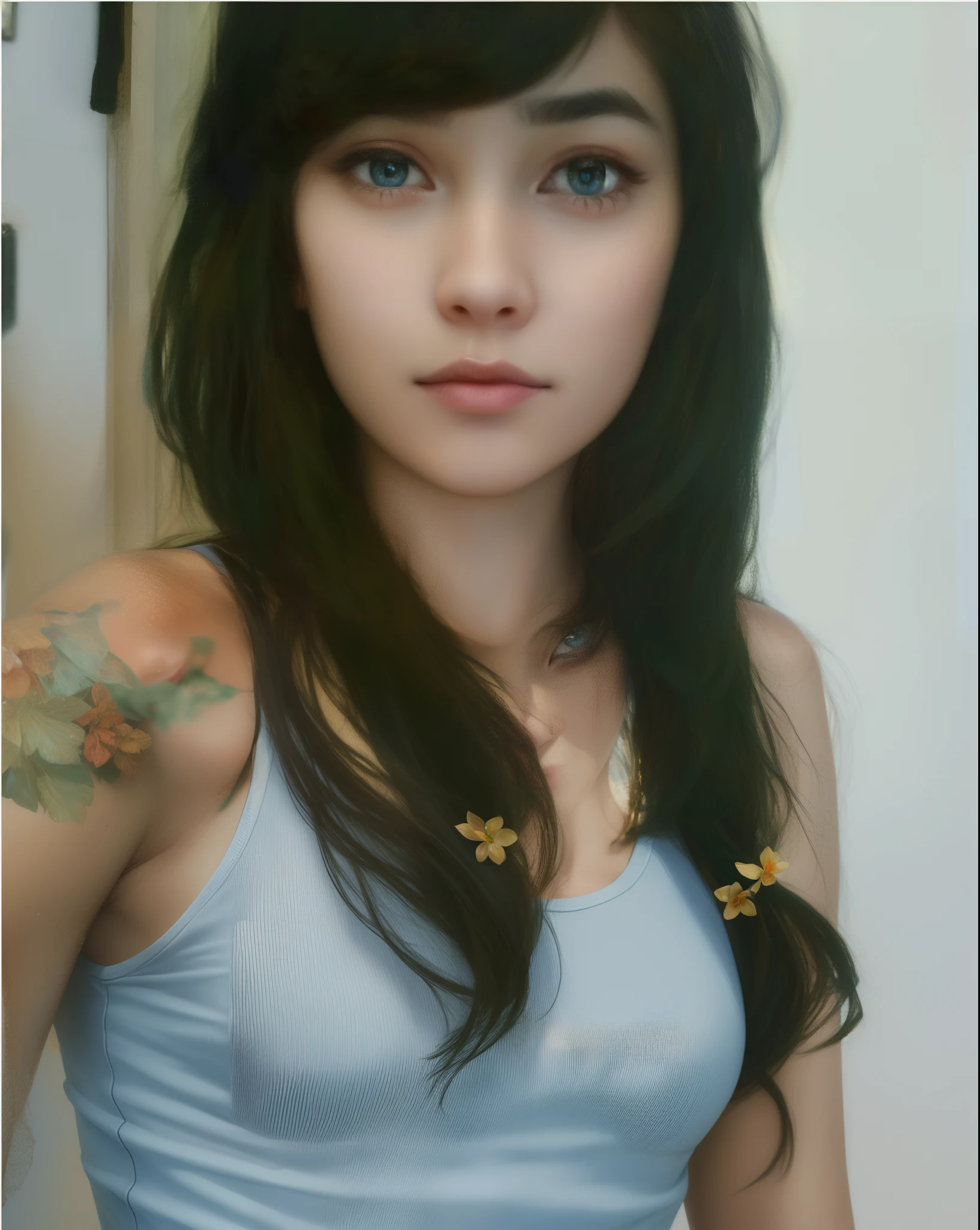 (best quality,64k,highres,masterpiece:1.2),transparent tank top,long hair,beautiful detailed eyes,casual pose,soft lighting,portrait,colorful background