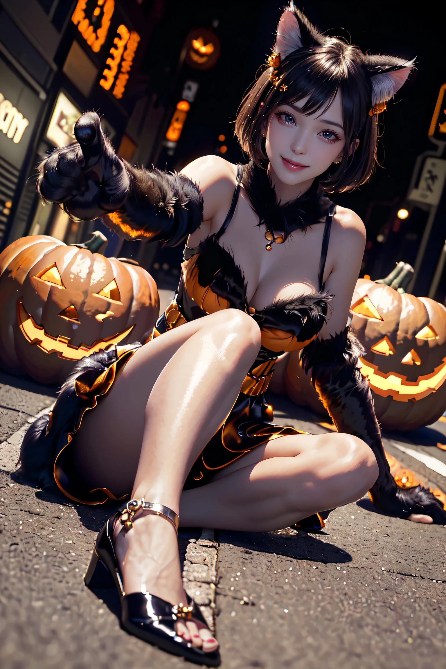 masterpiece, top-quality, top-quality, Beautifully Aesthetic:1.2, 1girl, Halloween party night, ((Wearing a high-quality Sexy cat costume of fur, gloves of cat, cat paw-shaped shoes, shiny slit miniskirt):1.2), high detailed, (Lying on the ground with Sexy gravure pose that reaching out foots:1.3), (large breasts:1.2, (firm breast, nicely shaped breasts), slender figure, 
((Dark Brown Hair)), wavy hair, ((short hair:1.2)), 
((in A modern street of decorated for Halloween in Shibuya at late night:1.2)), (Full body shot:1.1), (From below:1.2), (Focus on foot:1.1), ((looking at viewer:1.2)),