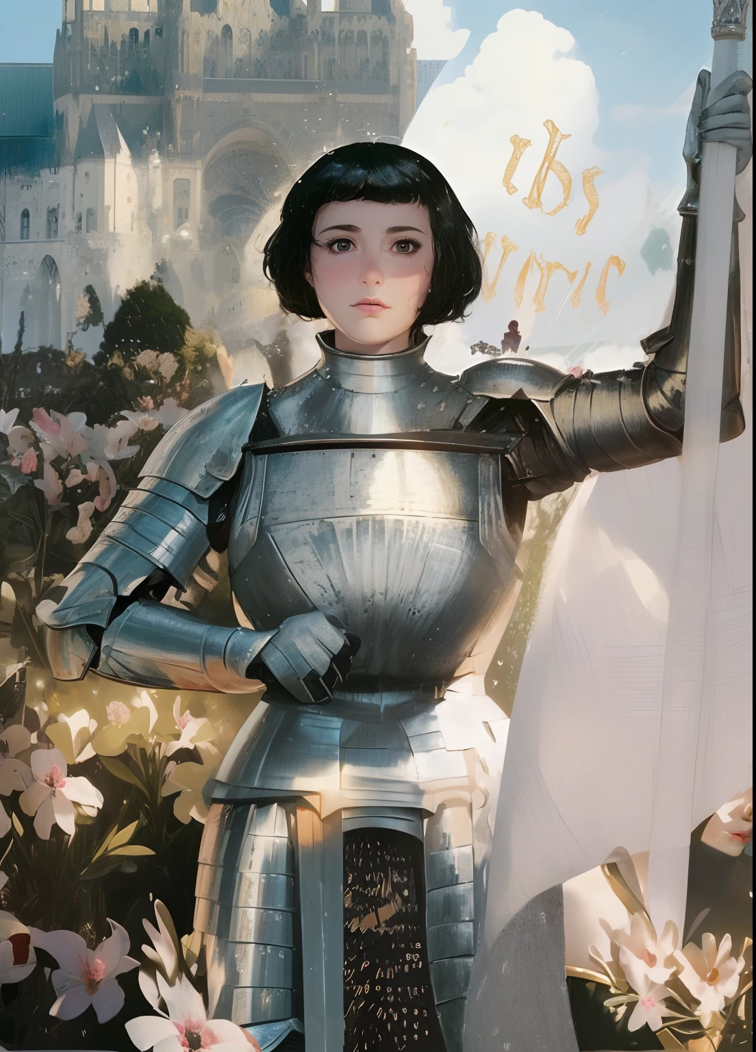Masterpiece, Best Quality, Gorgeous 1girl, Joan of Arc, ((knight armor)), castle background, European, Whole body, the sweat, nose blush, Beautiful cute symmetrical face, short black hair, (((Detailed, Realistic, seductive black eyes))), sharp-focus, True-to-life colors and lighting, hyper realisitc, Cute, Artstation, Cinematic lighting, tetas grandes