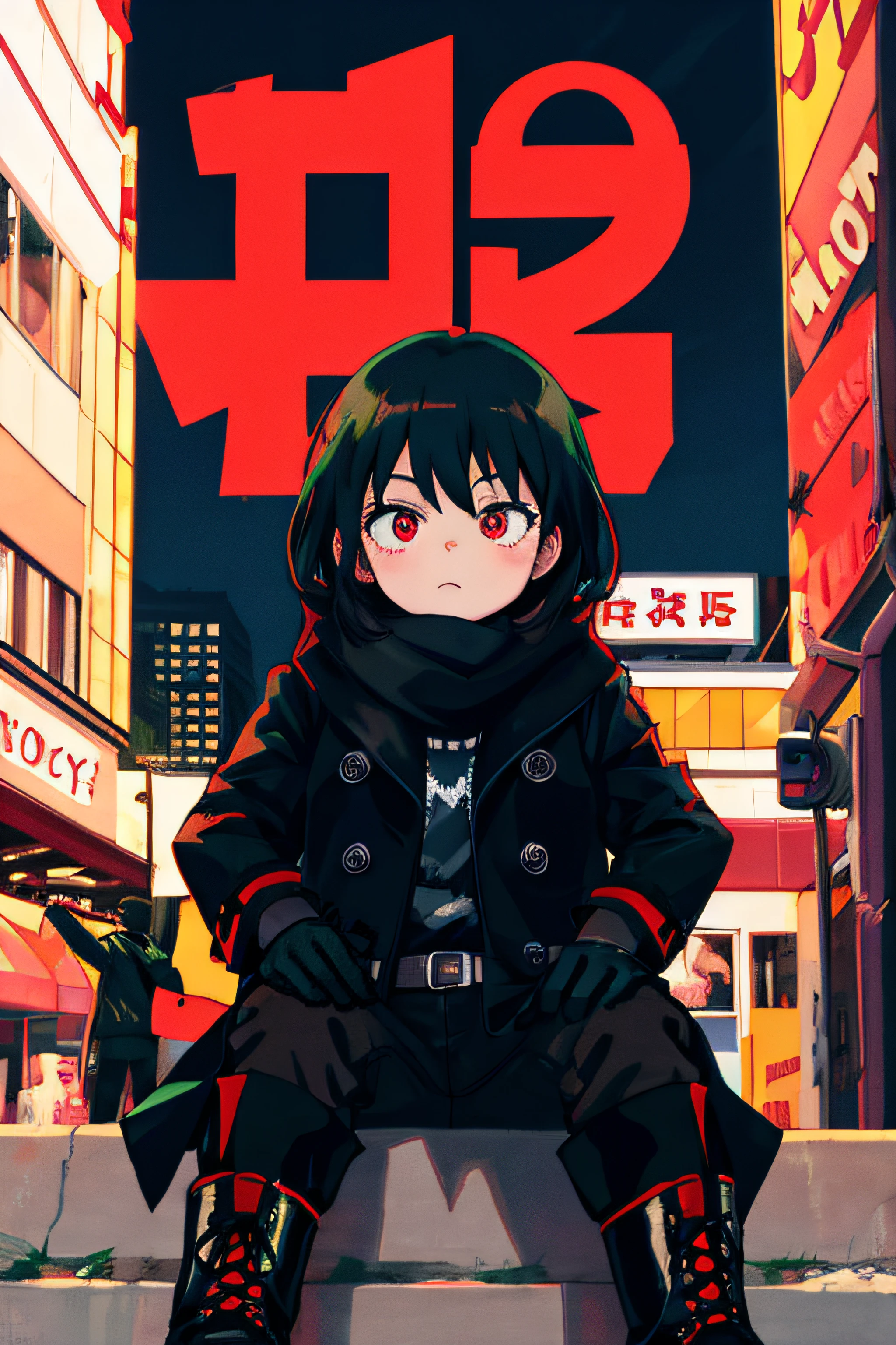 superhero girl, red eyes, short black hair, cute face, black scarf, black coat, black black long shirt, black long pants, black long boots, black gloves, ((normal city in background))