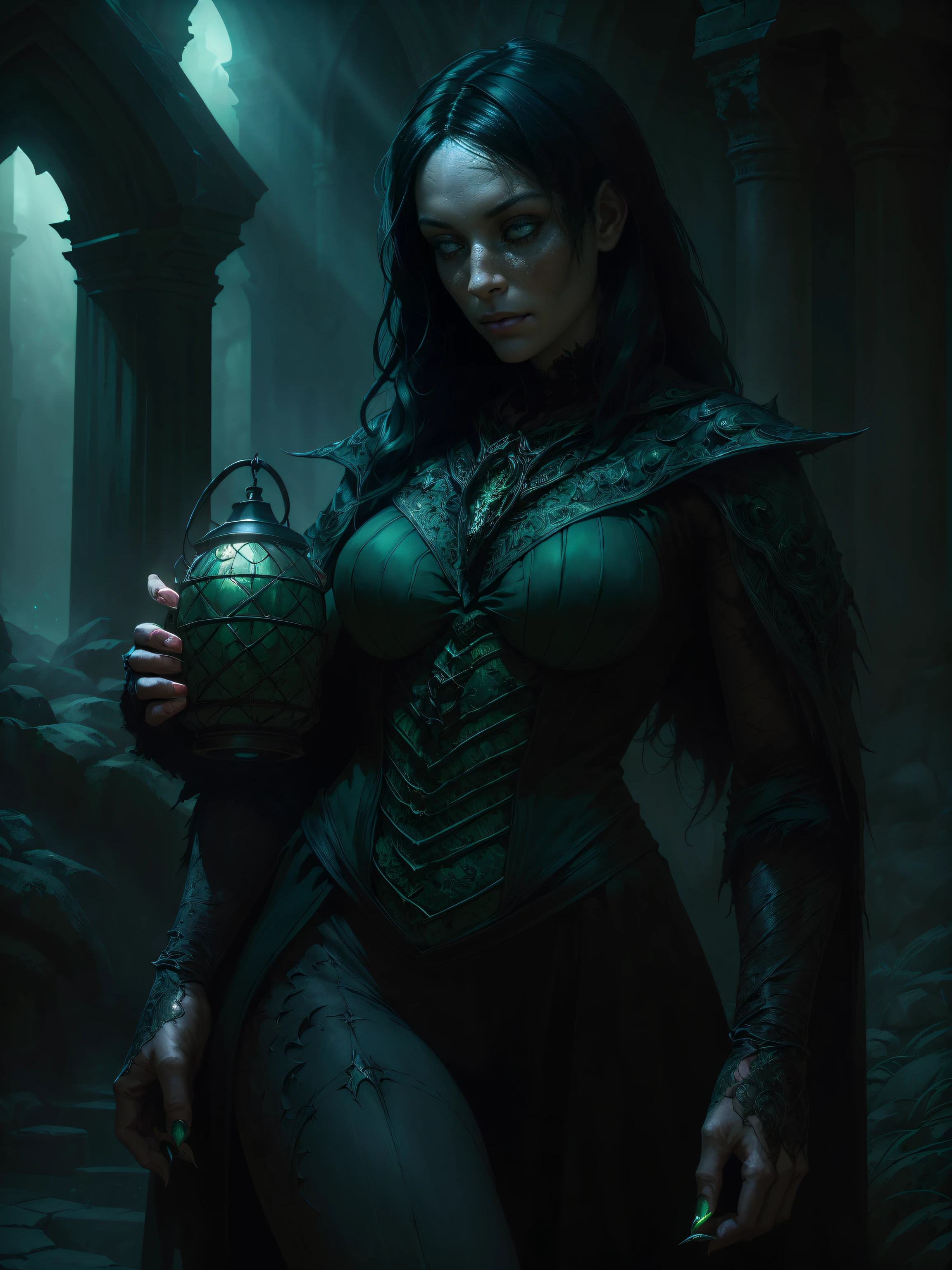 portraite of a, 25-year-old girl holding lantern with green light, dark fantasy style art, dark fantasy mixed with realism, gothic fantasy art, Rich, Deep Colours, (intricate details:0.9), (HDR, hyper-detailing:1.2), (natural skin textures, hyper realisitc, soft light, Sharp), [thigh gap].
