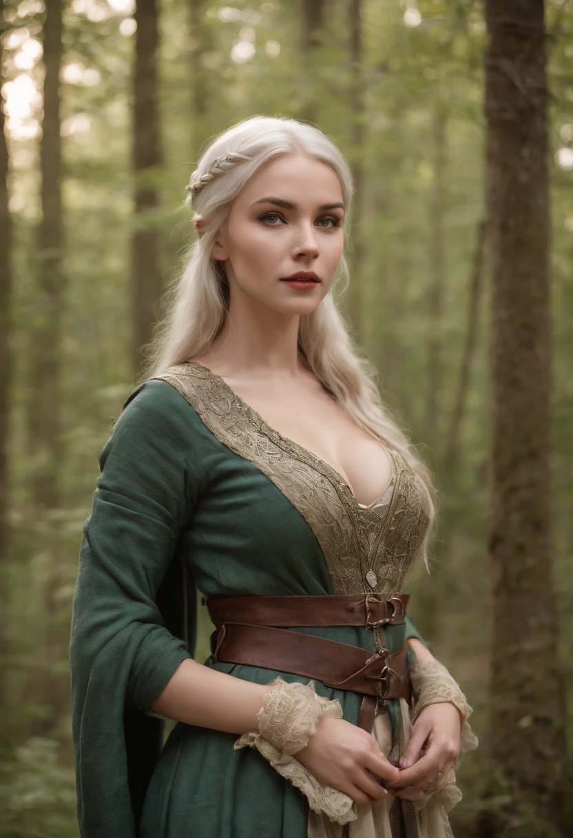 body shot, fair complexion, gorgeous voluptuous elven girl around 17 years old, curvaceous body, huge bursting breasts, cleavage, thin waist, thick large hips, walking in the forest, natural white hair, distinctive green eyes, wearing kohl, slender and graceful, wearing high heels, short skirt, beautiful, candlelight in a medieval setting, ultra sharp focus, realistic shot, medieval female clothes, tetradic colors (scar:1.4)