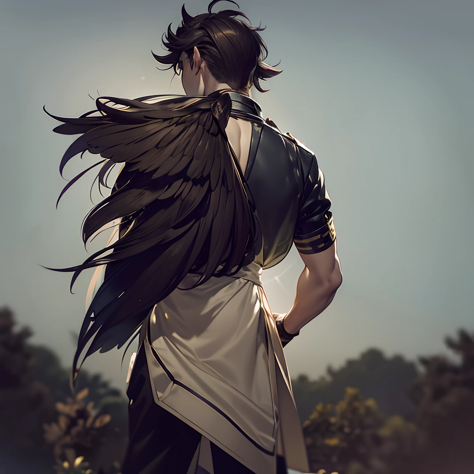 Boy character with big wings, back view , mullet hair, high resolution