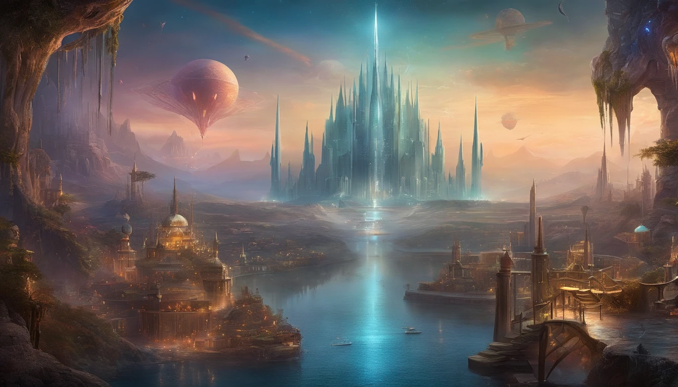 Best quality, Masterpiece, Photorealistic, (High resolution CGI artwork 8k), Create a futuristic alien interior in stunning vampire rich style, The color scheme is white ethereal, Reflective opal, Rose style, marbled, the bats, minerais preciosos, metals, Gemstones, crystals, Gorgeous and magnificent historical windows, A high resolution, 3D rendered digital art masterpiece, The perfect blend of fantasy and reality, Dreamy shimmer, The cityscape is a mysterious fantasy alien world, Inspired by Beeple