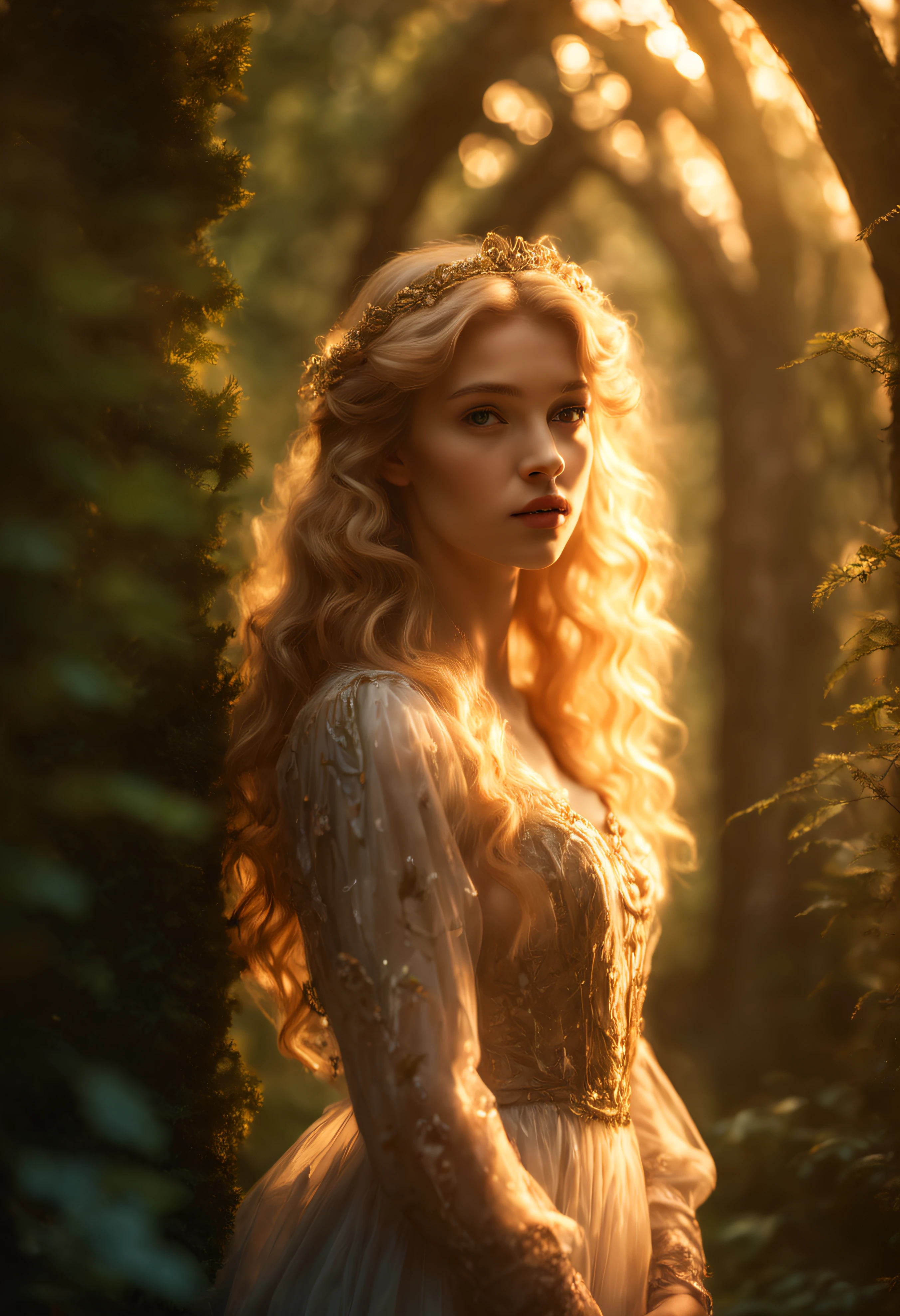 pre-raphaelite masterpiece, Extremely beautiful young fantasy princess in aesthetic forest, Glow, archs, Blonde hair, Backlit hair, Photorealistic, Dreamy, soft focus effect ,Sheer dress