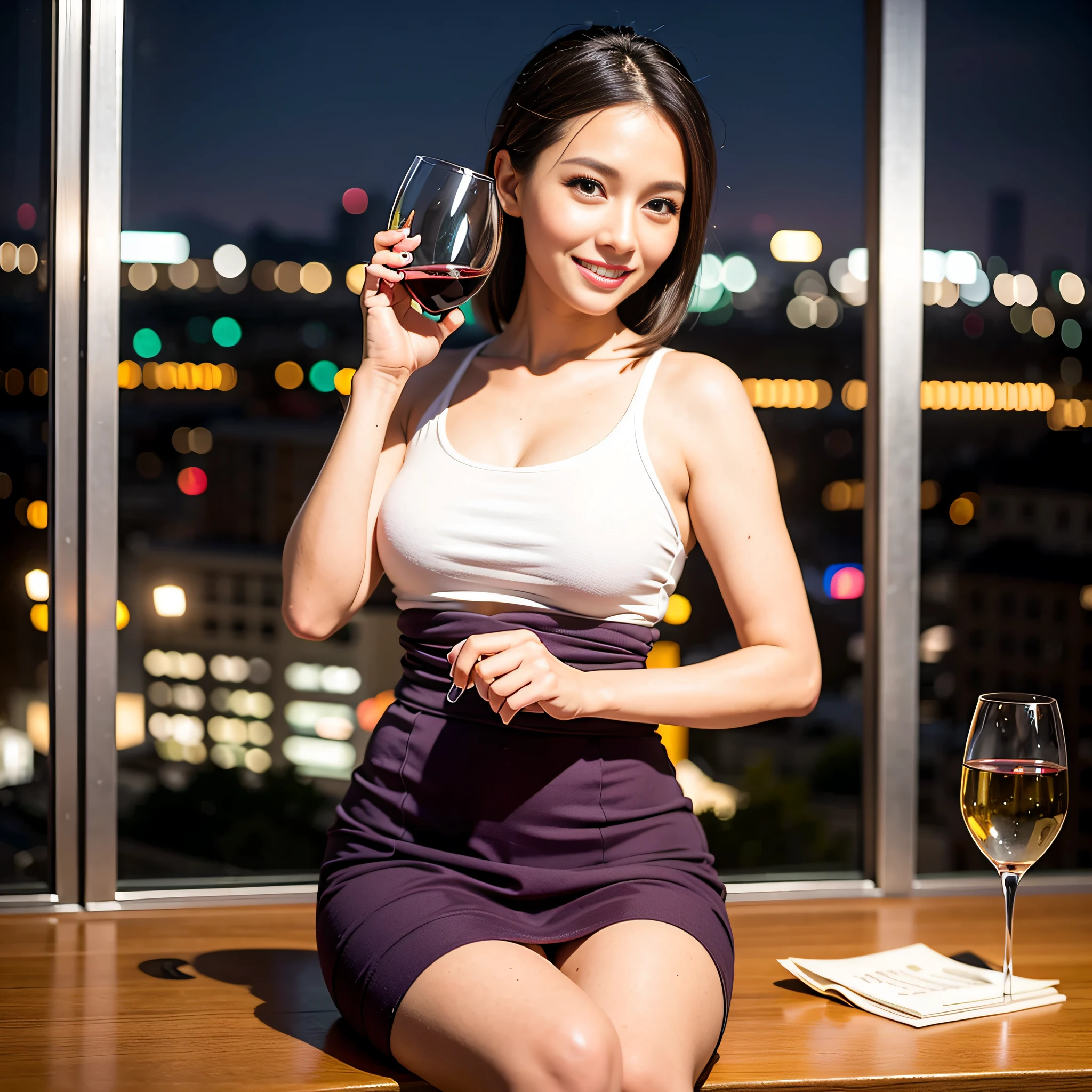 (64K, UHD, top quality, masterpiece: 1.2), (realistic, photorealistic: 1.37), super detailed, pretty woman 1 person, (slim face), (slim body), (brown hair), (short cut), cheeks slightly blushing, (35 years old), 38 years old, solo, beautiful detailed urban night view outside the window, restaurant, wine glasses sit, at night, in a prominent place (from the waist up) NovaFrogStyle, Actress, Model, Waist Up, White Wine, Slim, Wine Glass, Super Clean Night View, Wine Glass Put in the Middle, Happy Smile, (Smile: 1.15), Beautiful Fine Eyes, Upper Body, Bust Japan Up, Night, Short, Short, Actress, Model, Waist Up, White Wine, Slim, Wine Glass, Super Clean Night View, Wine Glass Put in the Middle, Happy Smile,