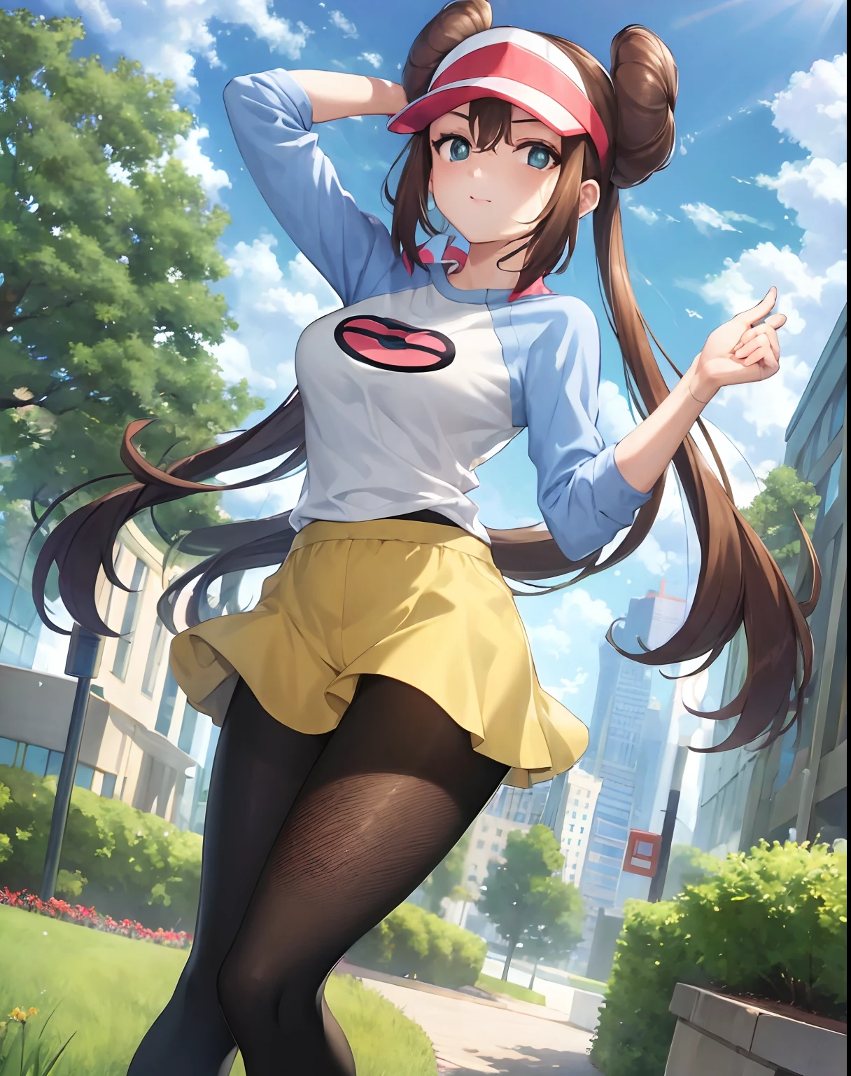 (masterpiece:1.5), illustration, 4k, 8k, (high quality:1.1), highly detailed, detailed face, HDR, vivid colors, natural lighting, (pretty eyes), beautiful face, full body, 1girl,  shorts, pantyhose, visor cap, legwear under shorts, raglan sleeves, yellow shorts, black pantyhose, shirt, short shorts, standing, pointing at viewer, looking at viewer, outdoors, city, skyline, city lights, tree,