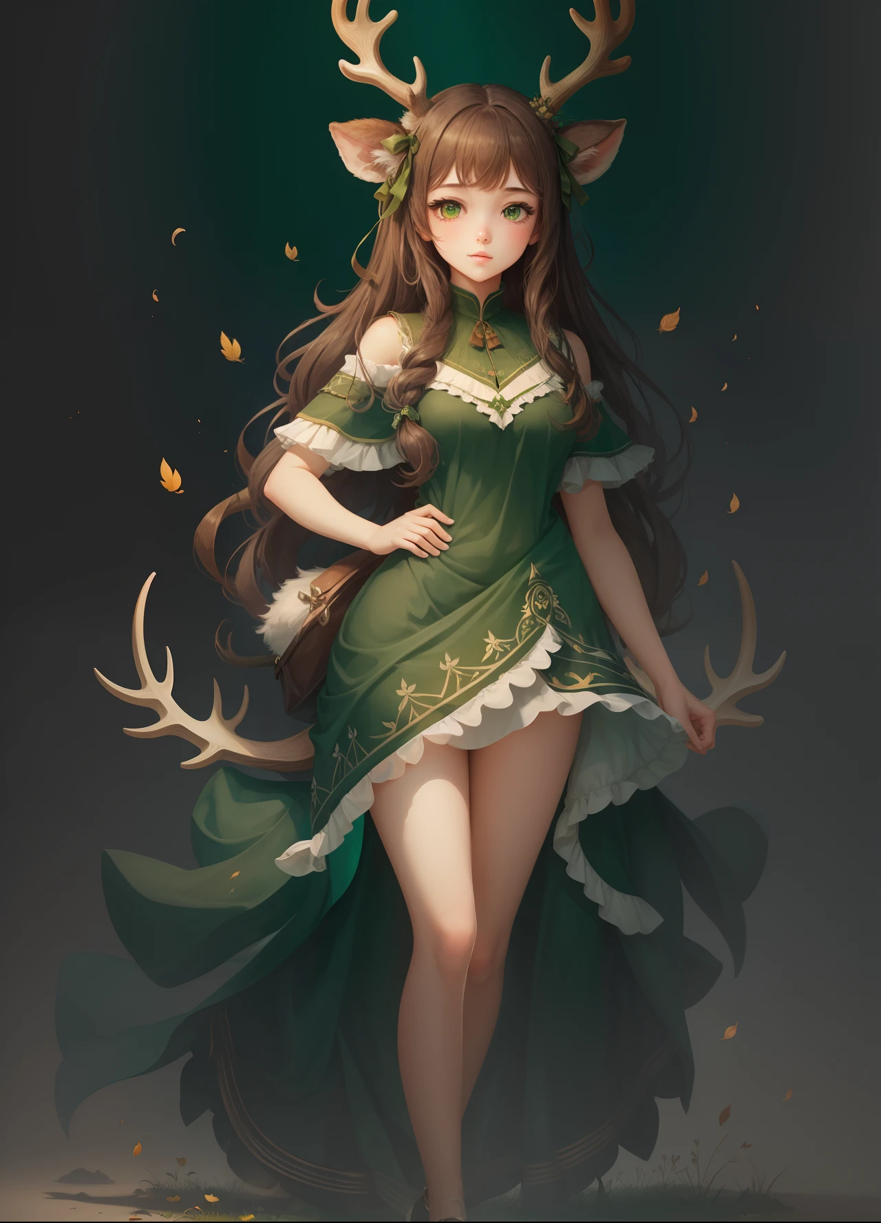 best quality,masterpiece,illustration,1girl,solo,full body,Blank background,Deer ear,antler,Green tone,Deef Lower  body --auto --s2