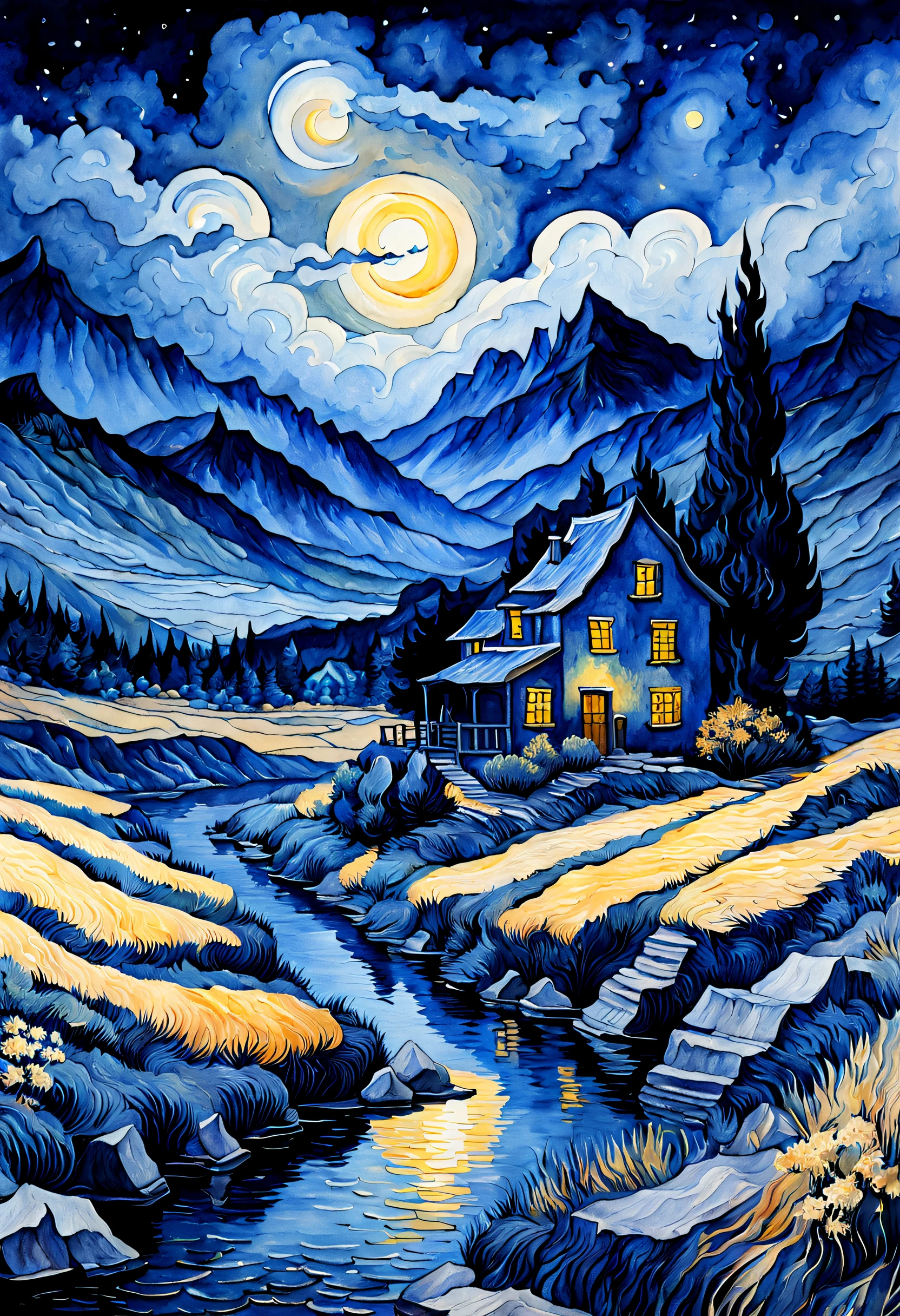 a fantasy landscape in a very dark blue color, van gogh style, Watercolor, trending on artstation, sharp focus, studio photo, intricate details, highly detailed, by greg rutkowski