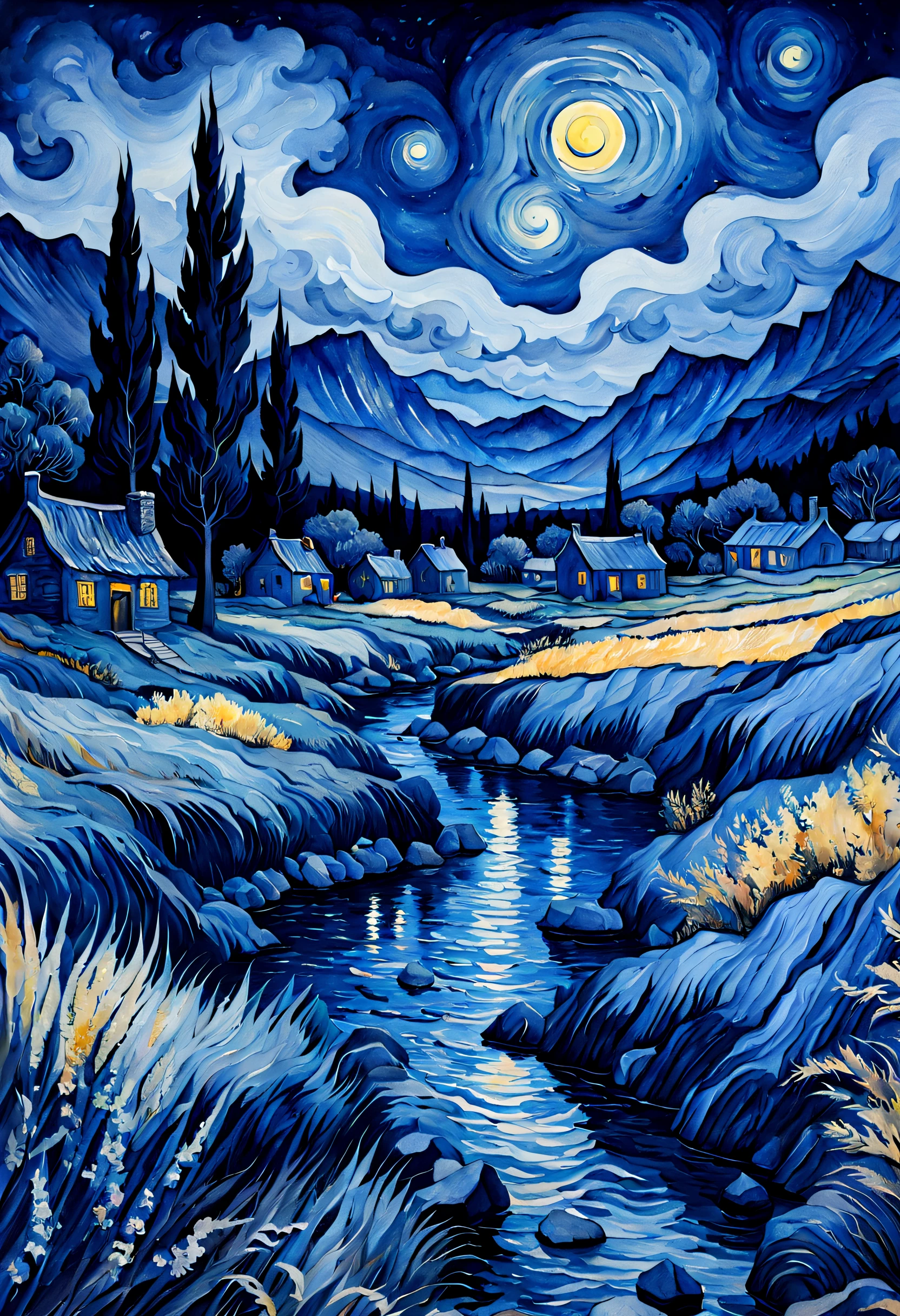 a fantasy landscape in a very dark blue color, van gogh style, Watercolor, trending on artstation, sharp focus, studio photo, intricate details, highly detailed, by greg rutkowski