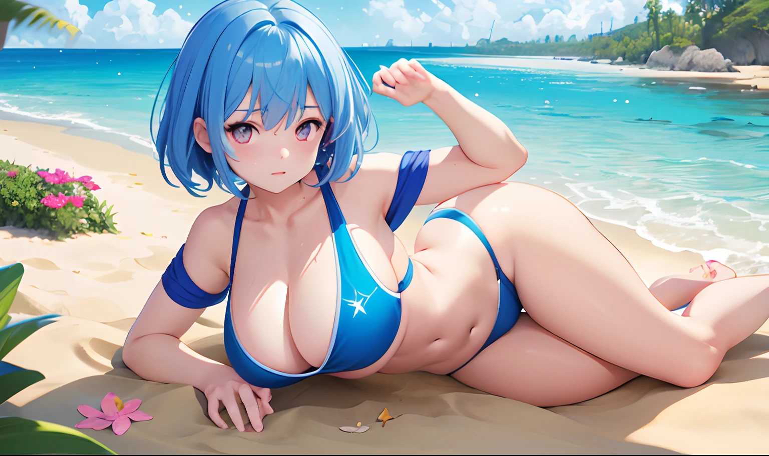 1girl in、anime a girl、Blue-haired、short-hair、 Colossal tits、Pink eyes、Big buttocks、plump thighs、valley、abdominals、swim wears、suns、sand beach、all-fours、swim ring、mats