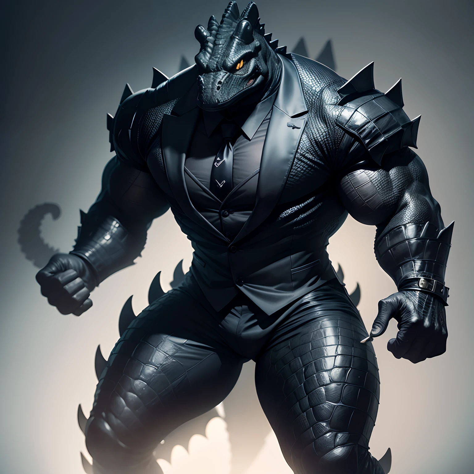 Humanoid crocodile muscled , with a crocodile's head black with a tail with 2 huge arms , in suit with a tie , full body