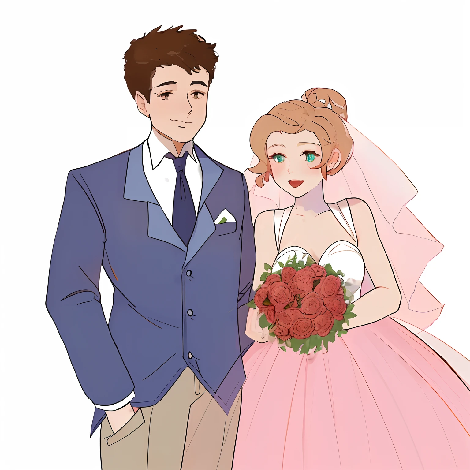 details, add lights, more roses, wedding, couple, 1male, 1female, fluffy hair, fluffy pink wedding dress, blue vest