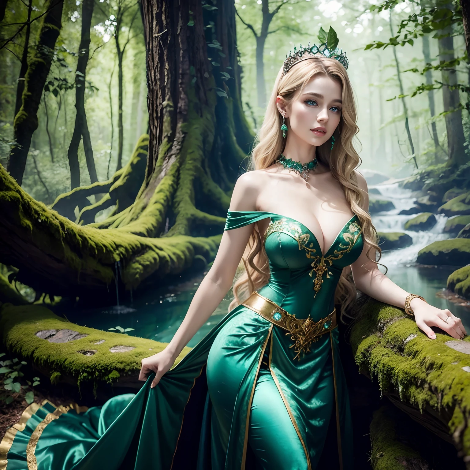 Deep woods, enchanted glen, solo girl, green velvet dress, moonlit clearing, layered woodland skirt, embroidered bodice, emerald arm cuffs, leaf-shaped earrings, long wavy hair, tiara of vines, holding a magical bow, forest creatures, ancient oak tree, deer companion, natural makeup, blue eyes, blonde hair, serene expression, fair skin, ethereal beauty, large breast, ultra detailed, fantasy art.