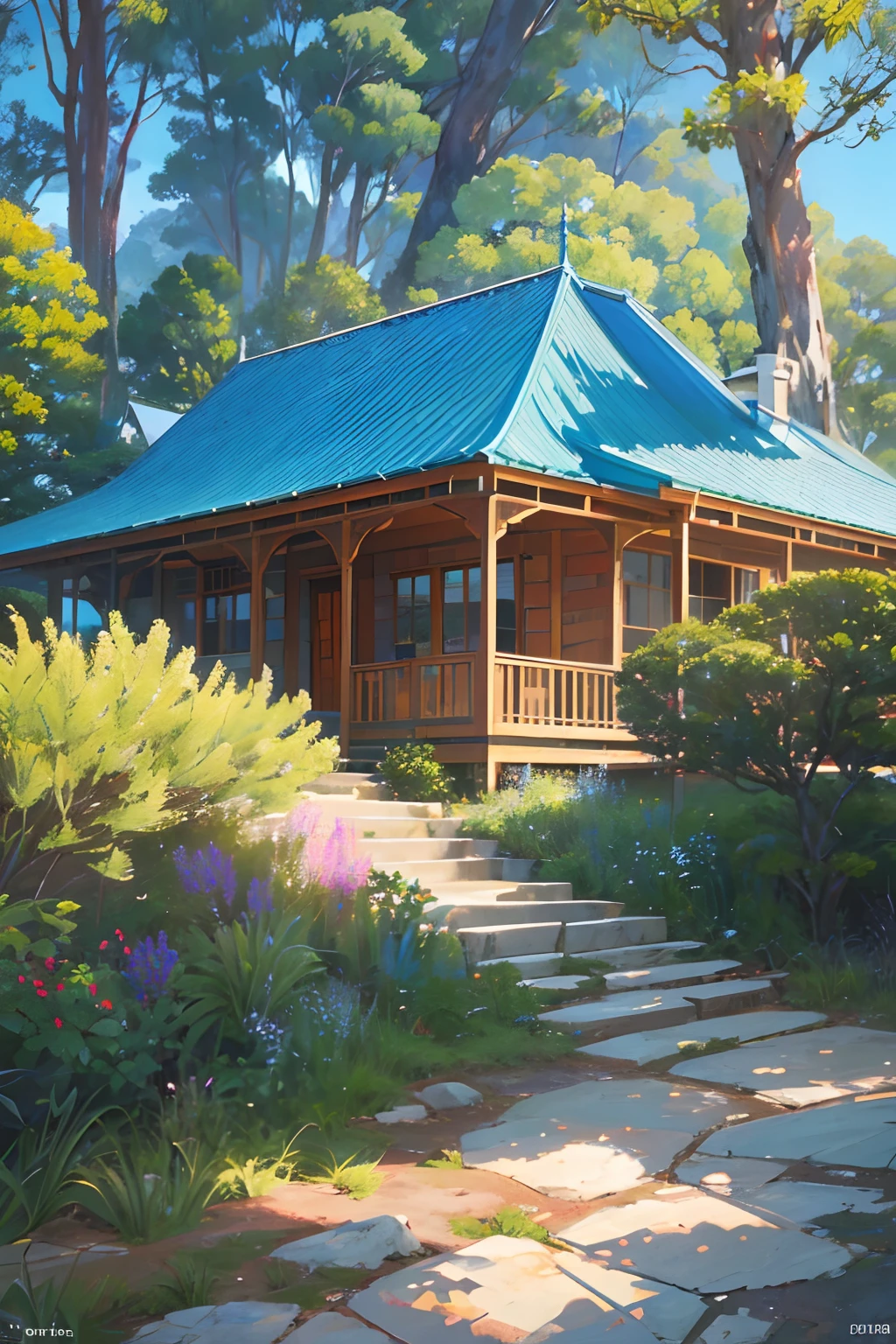 ((masterpiece, best quality, cinematic, photorealistic, ultra-detailed)), (envision a painting reminiscent of the Australian landscape by Emily Kngwarreye, the renowned Aboriginal artist), (two-story wooden residence perched on an elevated slope, Kngwarreye's distinctive style infuses vibrant earth tones and dreamlike swirls, capturing the essence of the eucalyptus trees' energy), the sea and mountains blend seamlessly, reminiscent of Kngwarreye's masterful use of color gradients, the play of light on the wooden facade and the surrounding foliage takes on an ethereal quality, akin to Kngwarreye's abstract landscapes, the sustainable elements of the dwelling become symbolic strokes in this visual ode, where the spirit of the land converges with the artistic interpretation of an iconic Australian painter