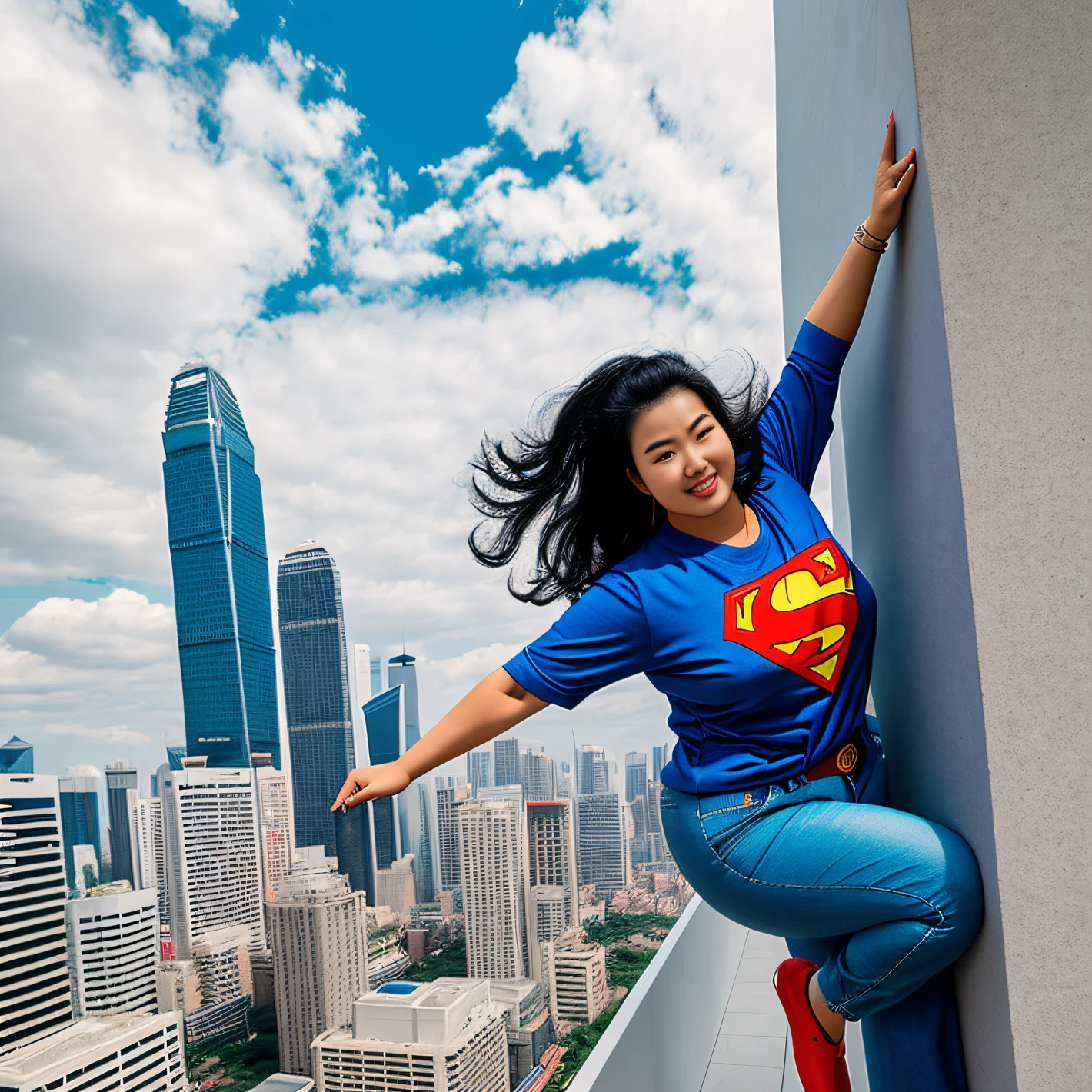 big fat asia woman, in jean trousers, superman tshirt