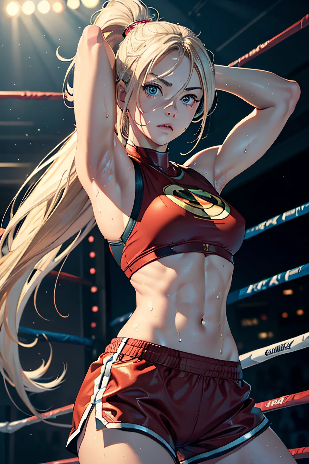 (original) , (highly detailed wallpaper) , (highest quality) , (masterpiece) , The reality of photography, realistic, highly detailed illustrations, (1 girl) , beautiful eyes, (delicate face) , perfect details, (best lighting) , (super intricate details) , (Ms. Marvel) , (aggressive punching) , Sweat, heavy breathing, (oppressive attack) , (Boxing rings) , Athletic Shorts, perfect details, perfect fingers, perfect limbs, impact, (shiny skin) , abs, muscle, waistline,boxing shorts, fist fight, blonde hair, high ponytail, very long hair, 4K unified, (Super detailed CG: 1.2) , (8K: 1.2) , realistic, octane rendering