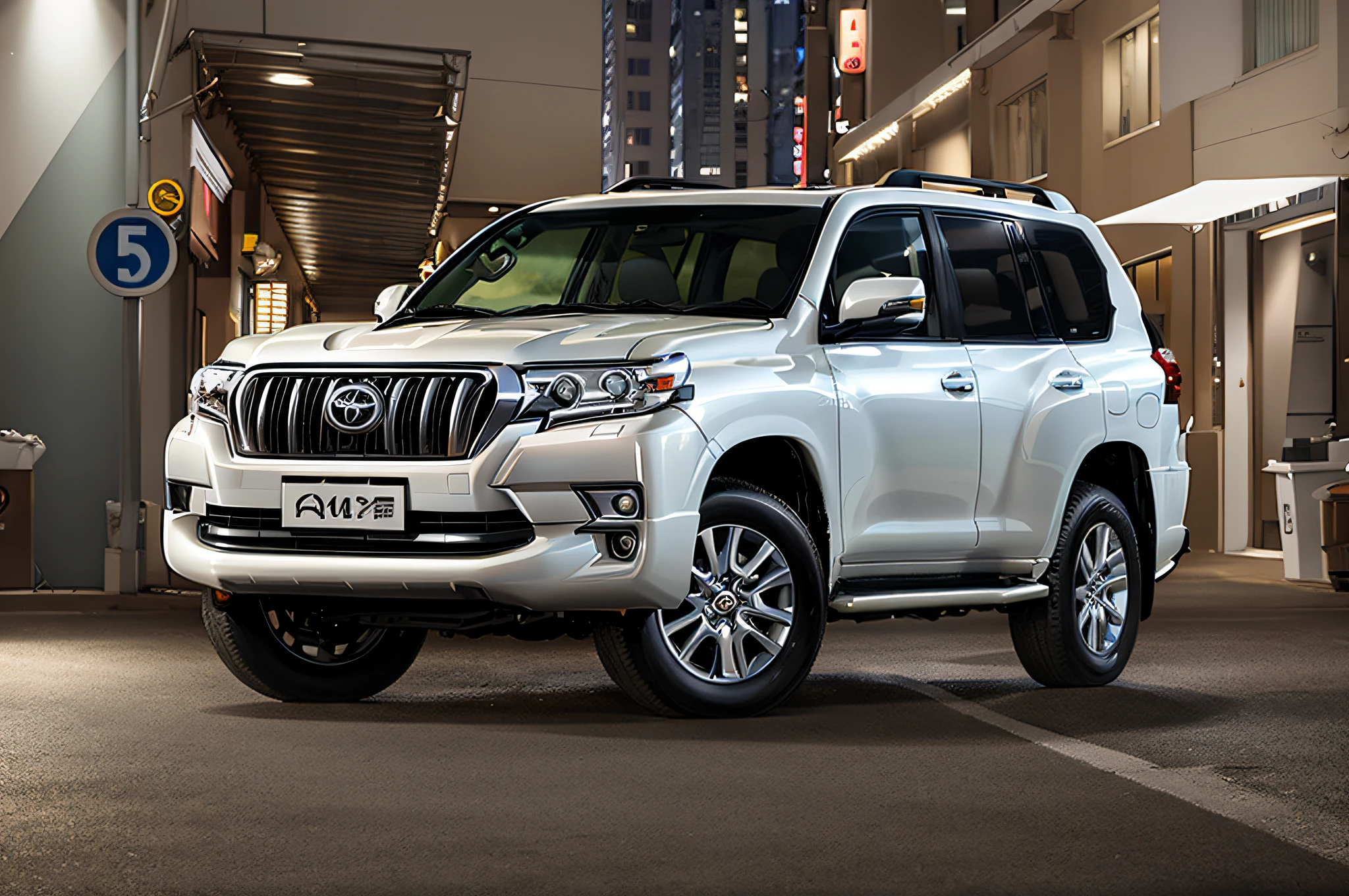 The white Toyota Land Cruiser Araffed is parked on the city street,